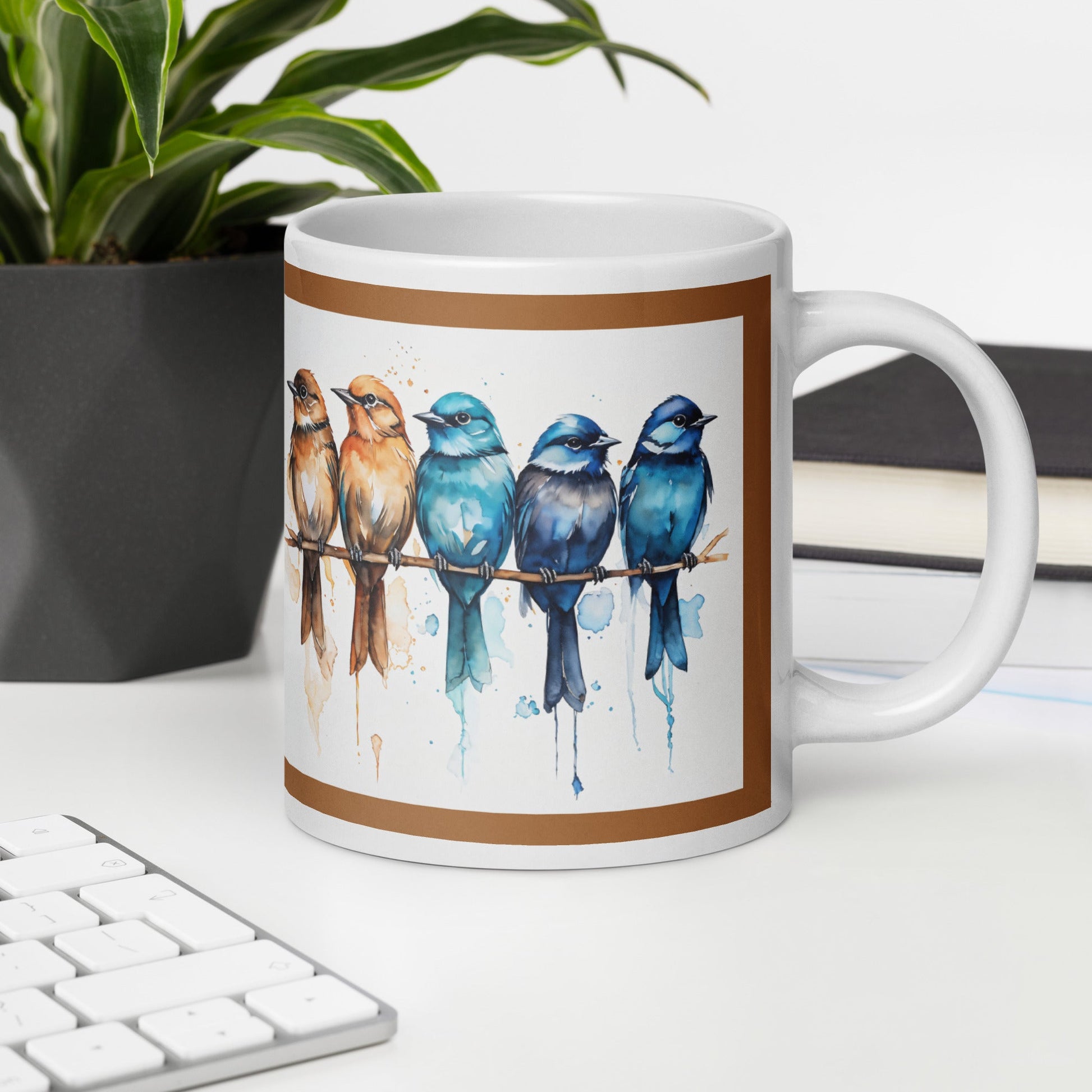Brown Outlined Watercolor Birds White Glossy Mug (11 oz, 15 oz, 20 oz) - Mugs - Discovery Co.