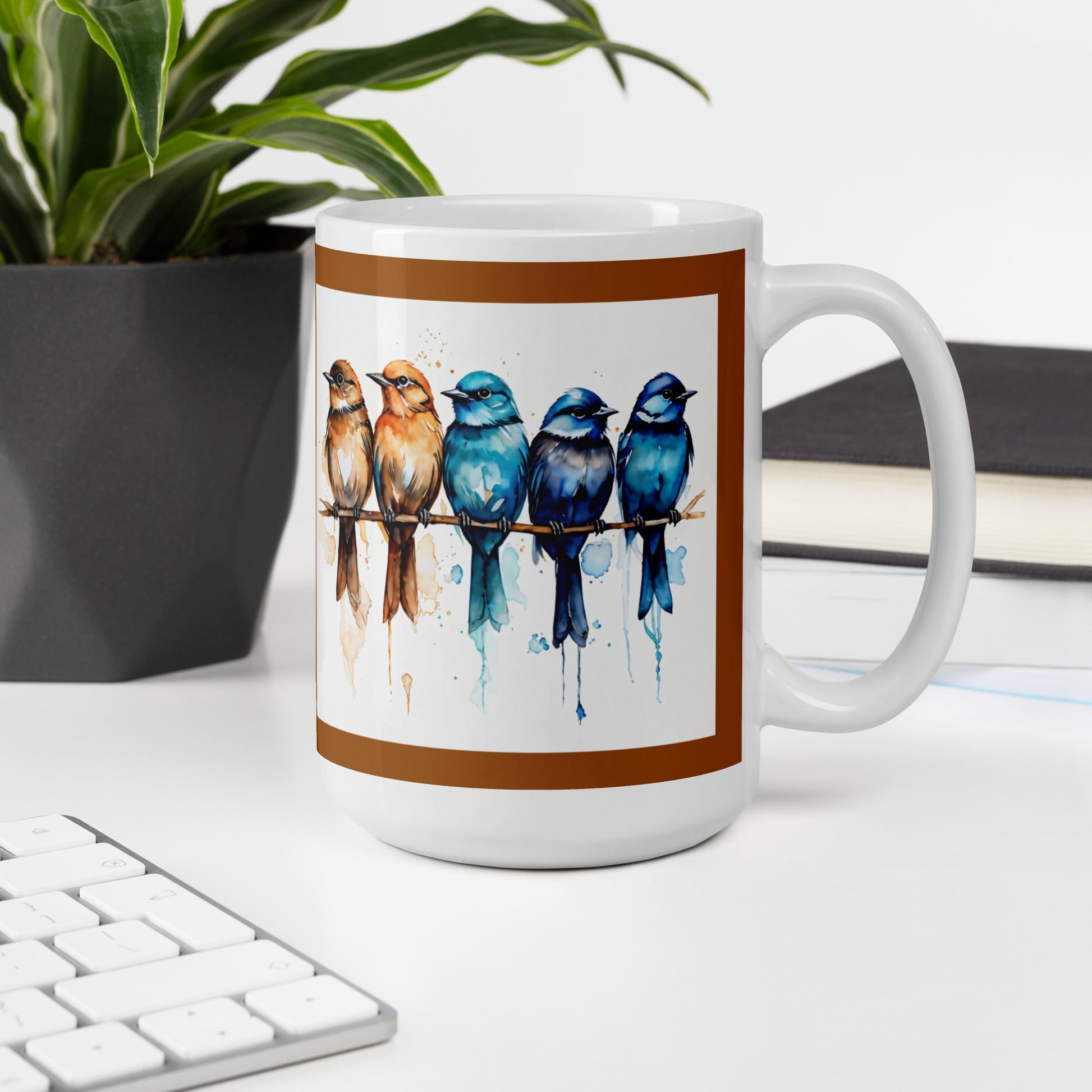 Brown Outlined Watercolor Birds White Glossy Mug (11 oz, 15 oz, 20 oz) - Mugs - Discovery Co.