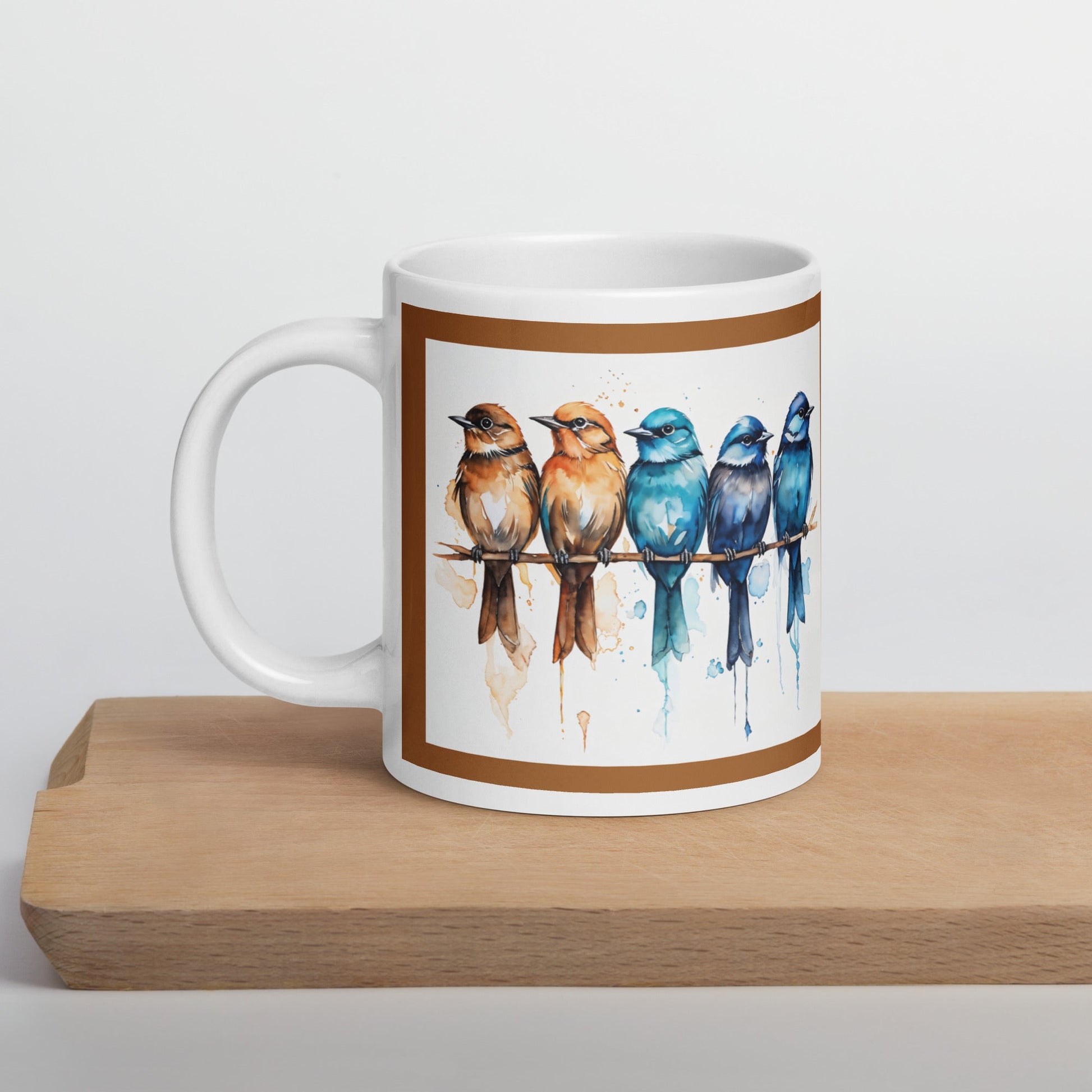 Brown Outlined Watercolor Birds White Glossy Mug (11 oz, 15 oz, 20 oz) - Mugs - Discovery Co.