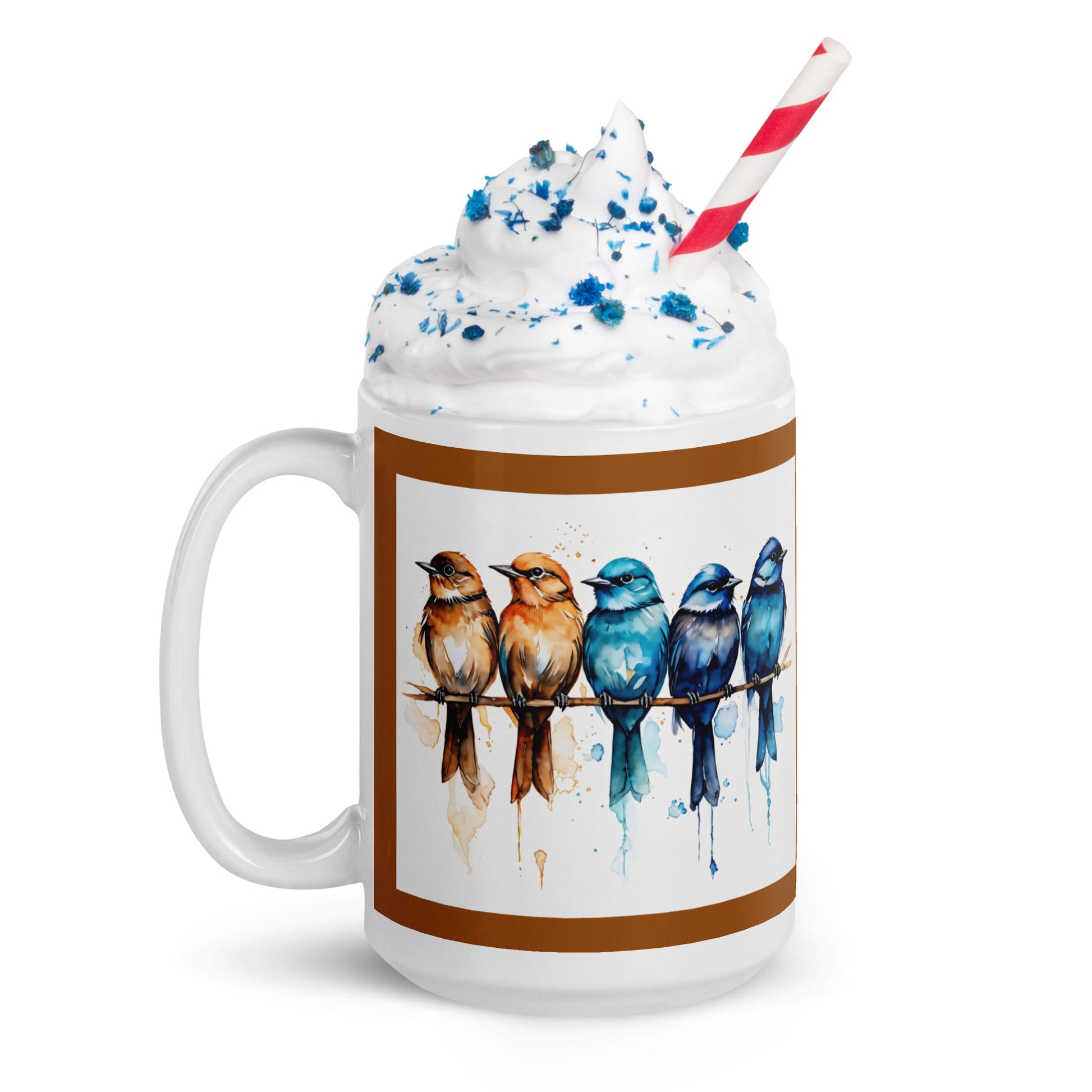 Brown Outlined Watercolor Birds White Glossy Mug (11 oz, 15 oz, 20 oz) - Mugs - Discovery Co.