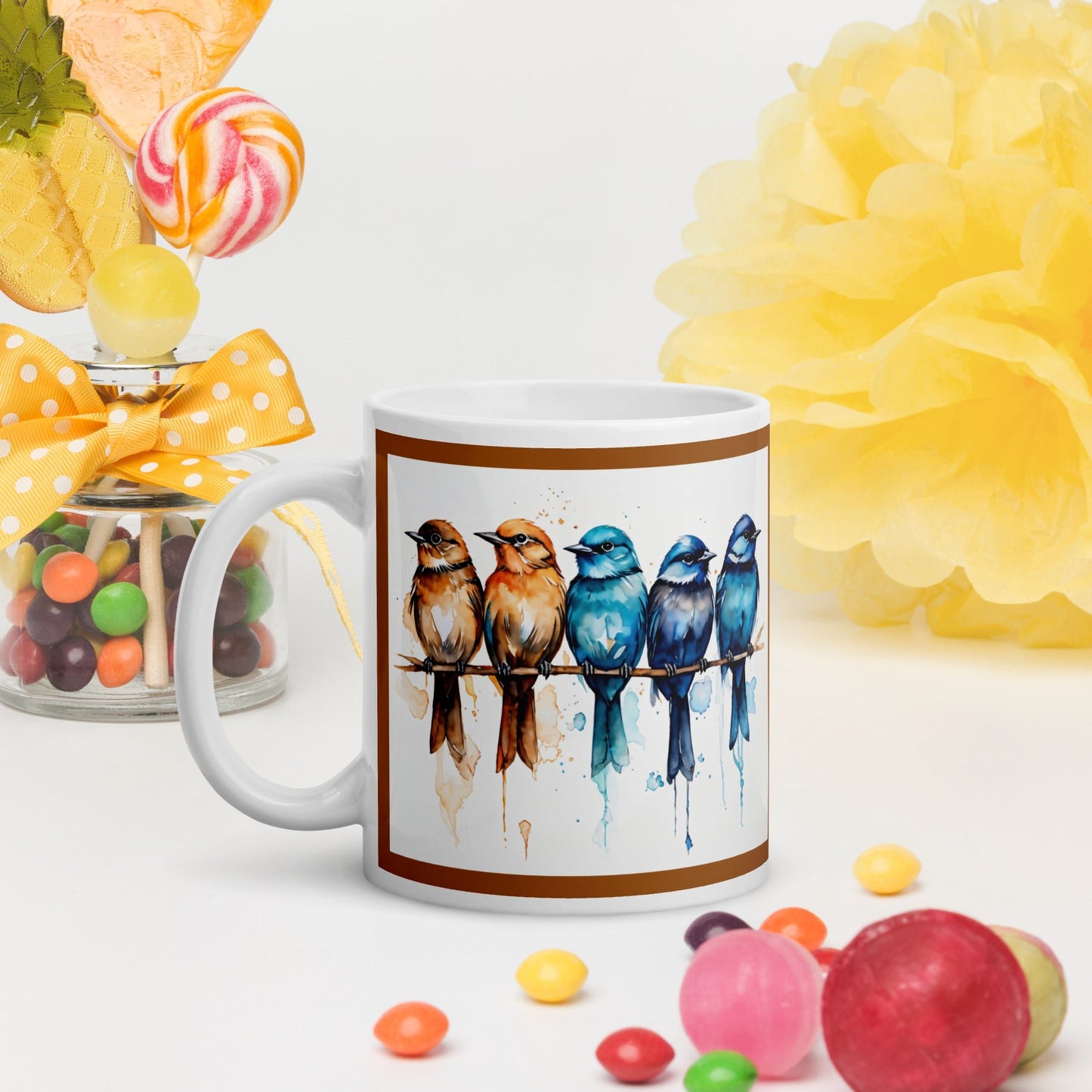 Brown Outlined Watercolor Birds White Glossy Mug (11 oz, 15 oz, 20 oz) - Mugs - Discovery Co.