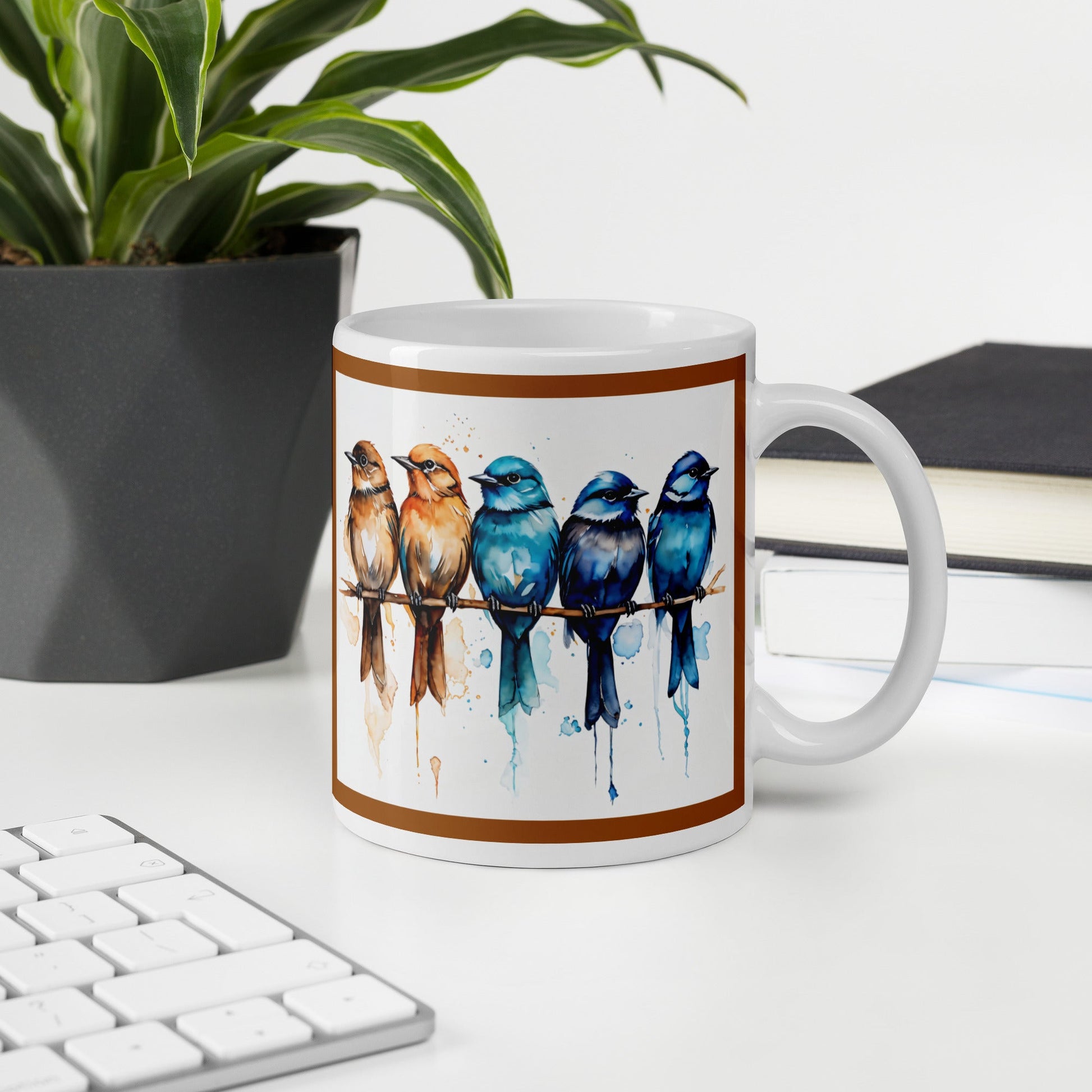 Brown Outlined Watercolor Birds White Glossy Mug (11 oz, 15 oz, 20 oz) - Mugs - Discovery Co.