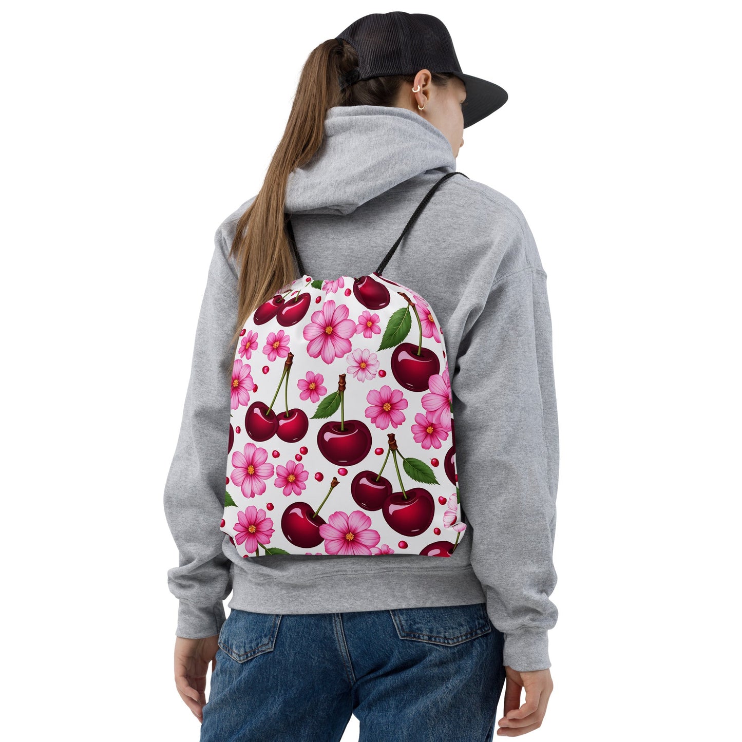 Cherries And Flowers Drawstring Bag - Drawstring Bag - Discovery Co.