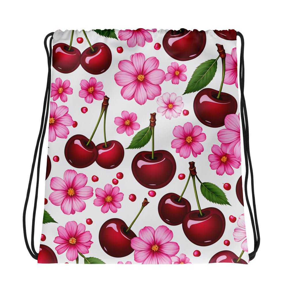 Cherries And Flowers Drawstring Bag - Drawstring Bag - Discovery Co.