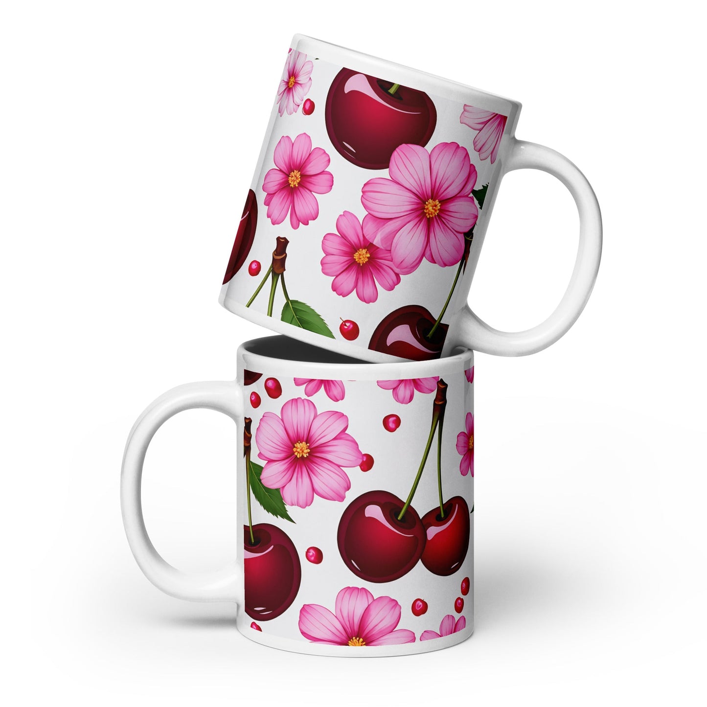 Cherries and Flowers White Glossy Mug (11 oz, 15 oz, 20 oz) - Mugs - Discovery Co.