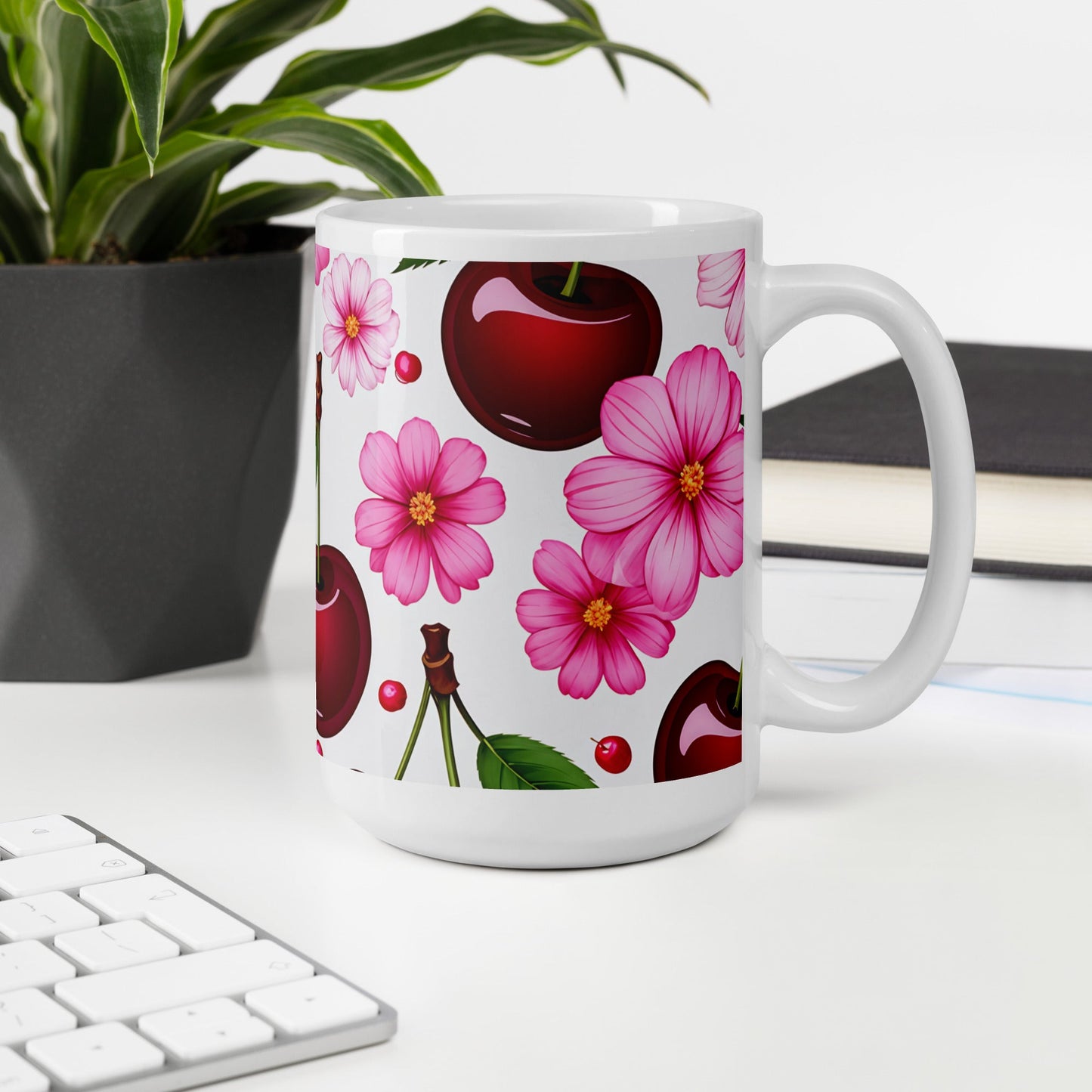 Cherries and Flowers White Glossy Mug (11 oz, 15 oz, 20 oz) - Mugs - Discovery Co.
