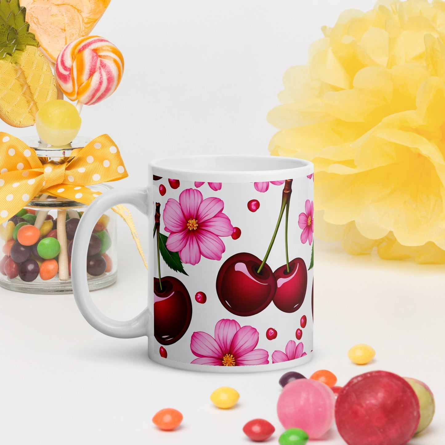 Cherries and Flowers White Glossy Mug (11 oz, 15 oz, 20 oz) - Mugs - Discovery Co.