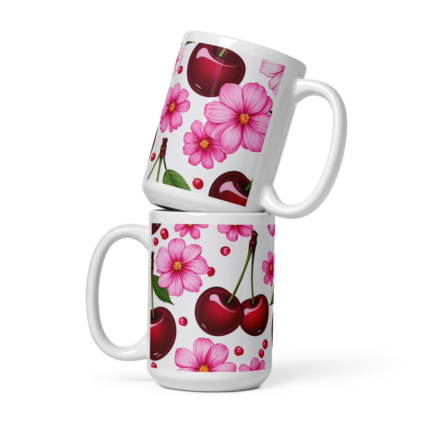 Cherries and Flowers White Glossy Mug (11 oz, 15 oz, 20 oz) - Mugs - Discovery Co.
