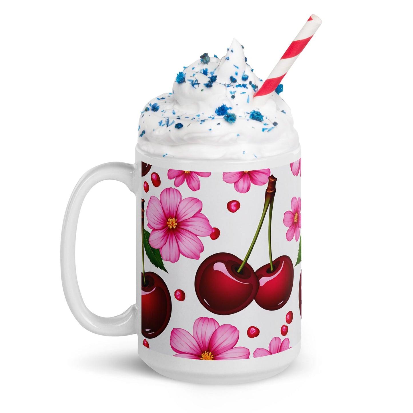 Cherries and Flowers White Glossy Mug (11 oz, 15 oz, 20 oz) - Mugs - Discovery Co.