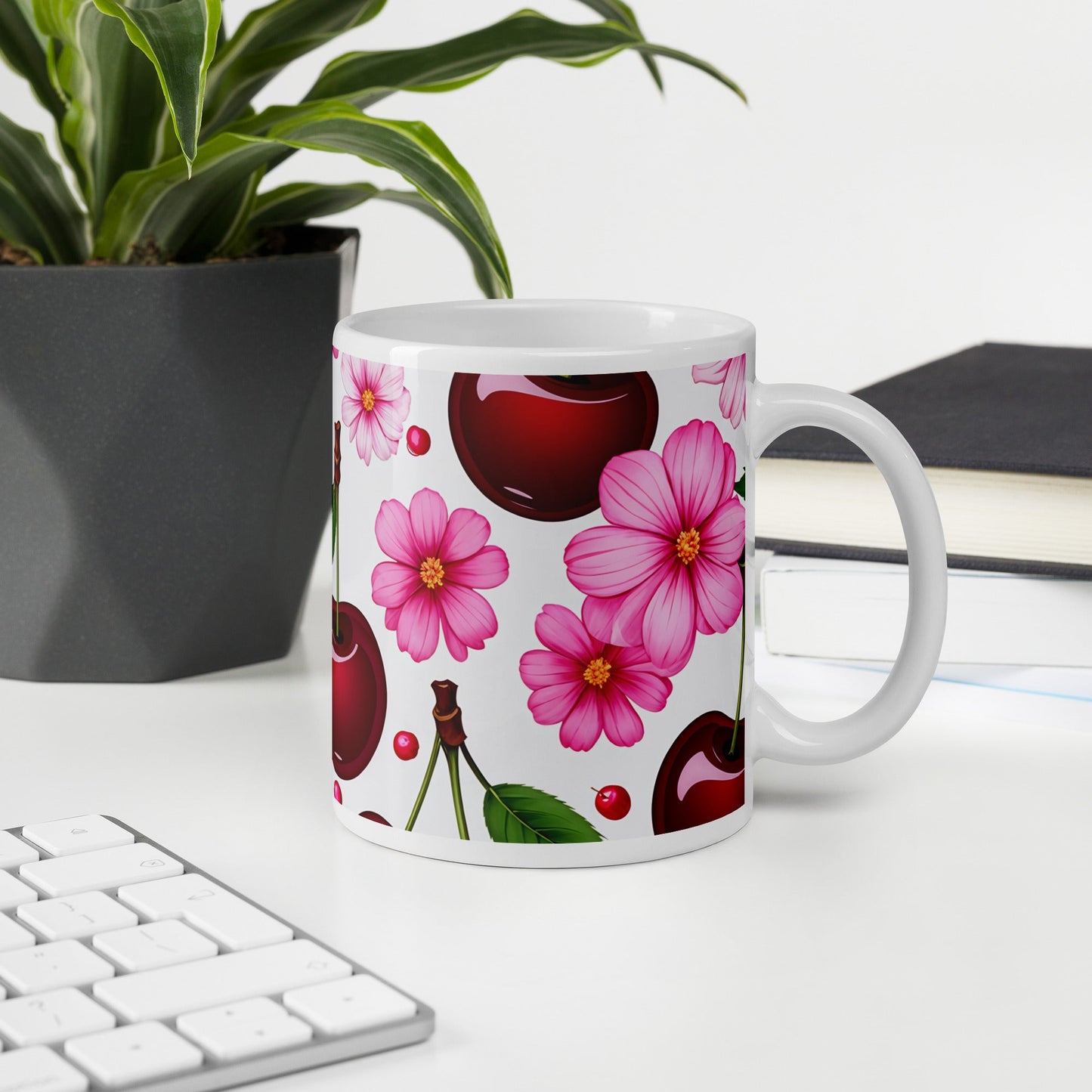 Cherries and Flowers White Glossy Mug (11 oz, 15 oz, 20 oz) - Mugs - Discovery Co.
