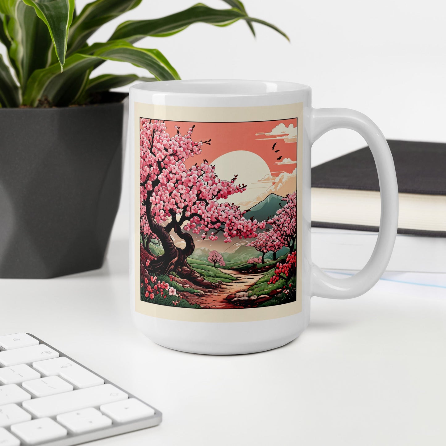 Cherry Blossom Trail White Glossy Mug (11 oz, 15 oz, 20 oz) - Mugs - Discovery Co.