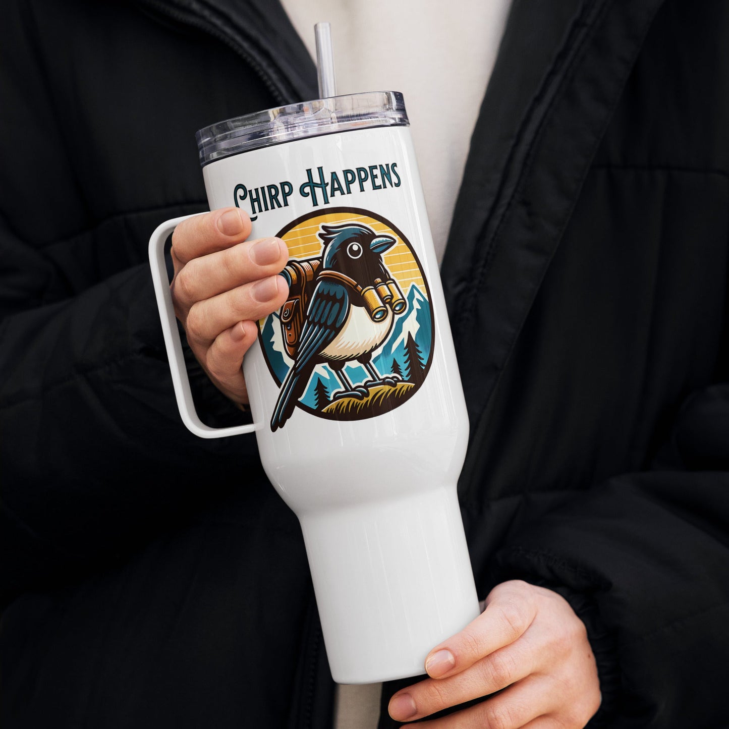 Chirp Happens Travel Mug With Handle (25 oz and 40 oz) - Travel Mug - Discovery Co.