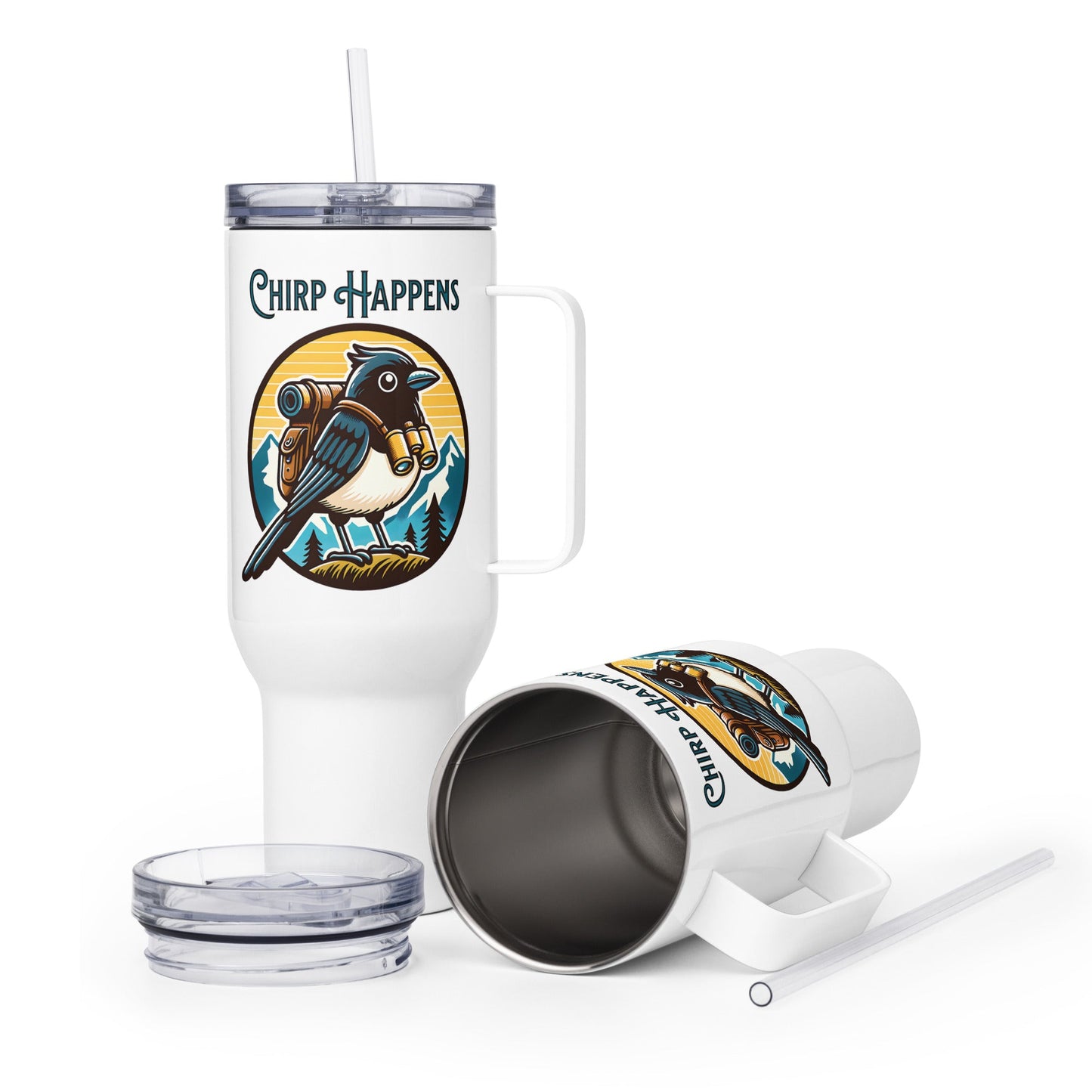 Chirp Happens Travel Mug With Handle (25 oz and 40 oz) - Travel Mug - Discovery Co.