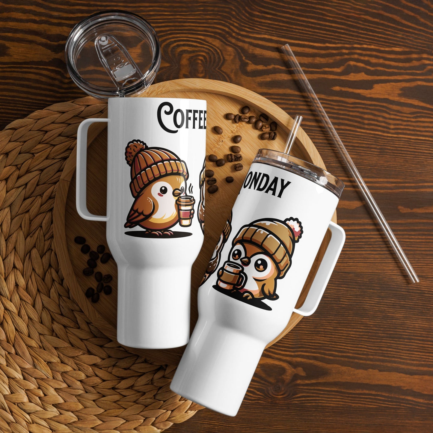 Coffee Monday (Brown) Travel Mug With Handle (25 oz and 40 oz) - Travel Mug - Discovery Co.