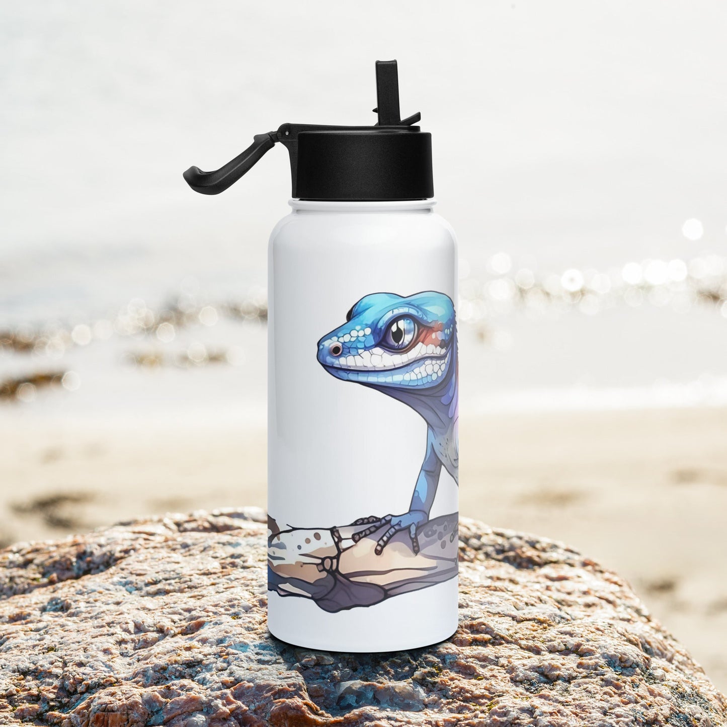 Gecko Watercolor Art Stainless Steel Water Bottle With Straw Lid - Stainless Steel Water Bottle With Straw Lid - Discovery Co.