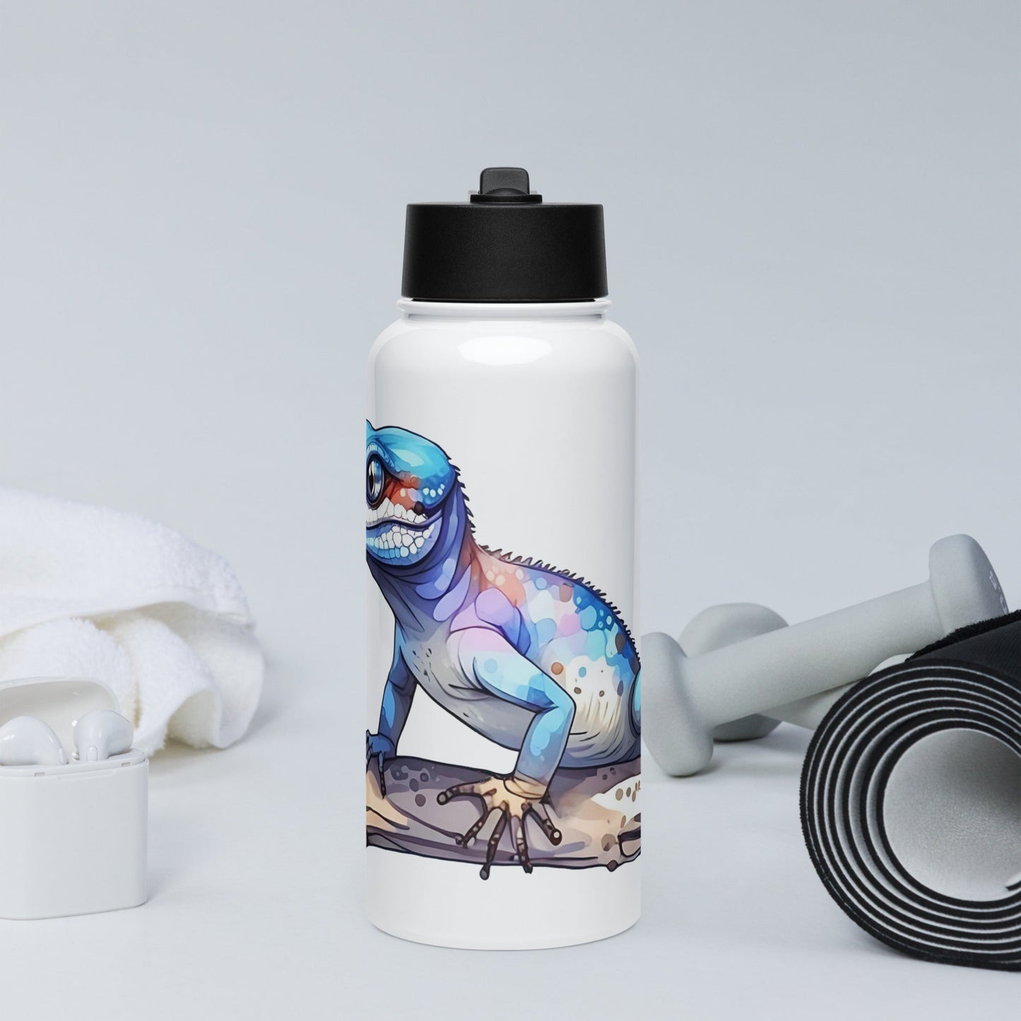 Gecko Watercolor Art Stainless Steel Water Bottle With Straw Lid - Stainless Steel Water Bottle With Straw Lid - Discovery Co.