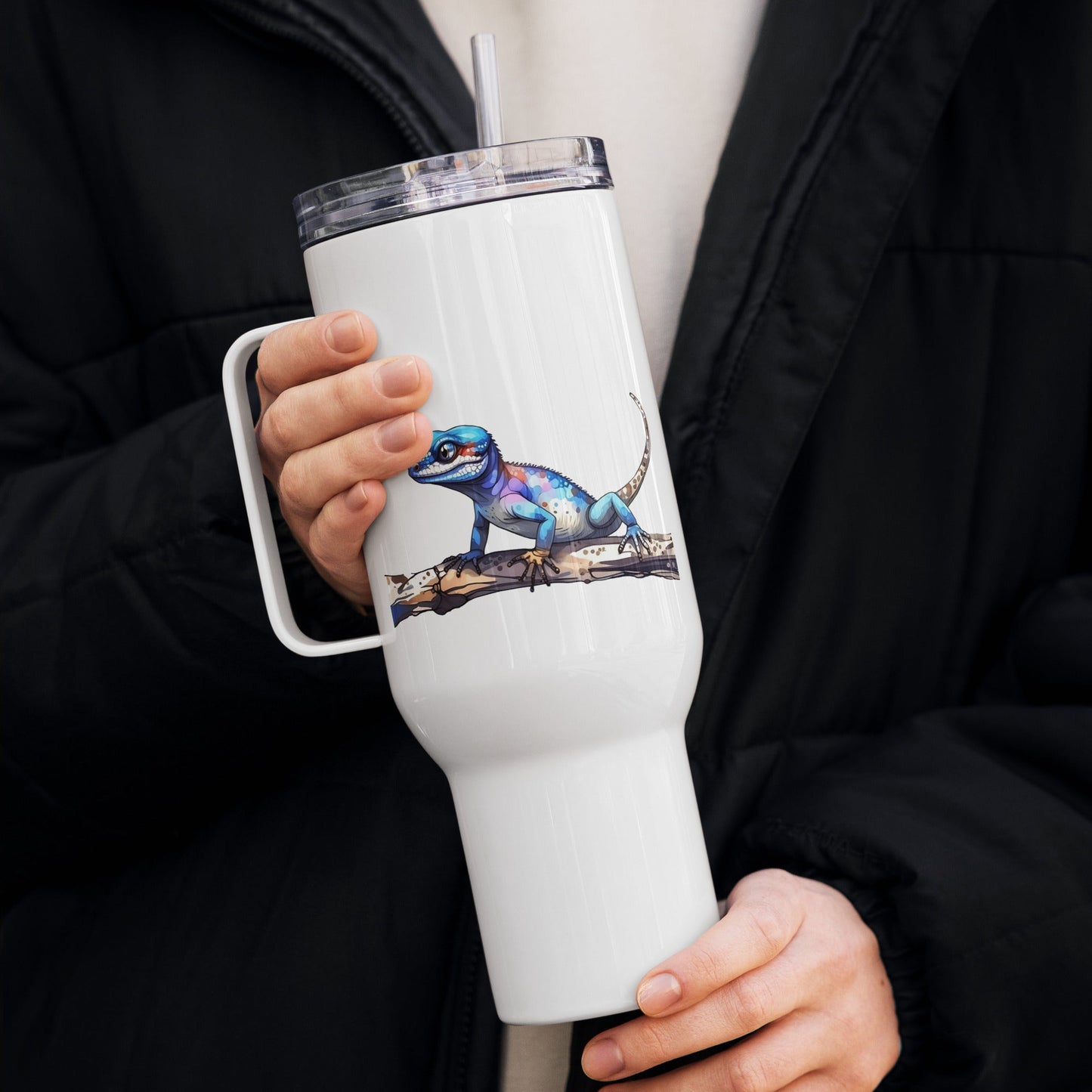 Gecko Watercolor Art Travel Mug With Handle (25 oz and 40 oz) - Travel Mug - Discovery Co.