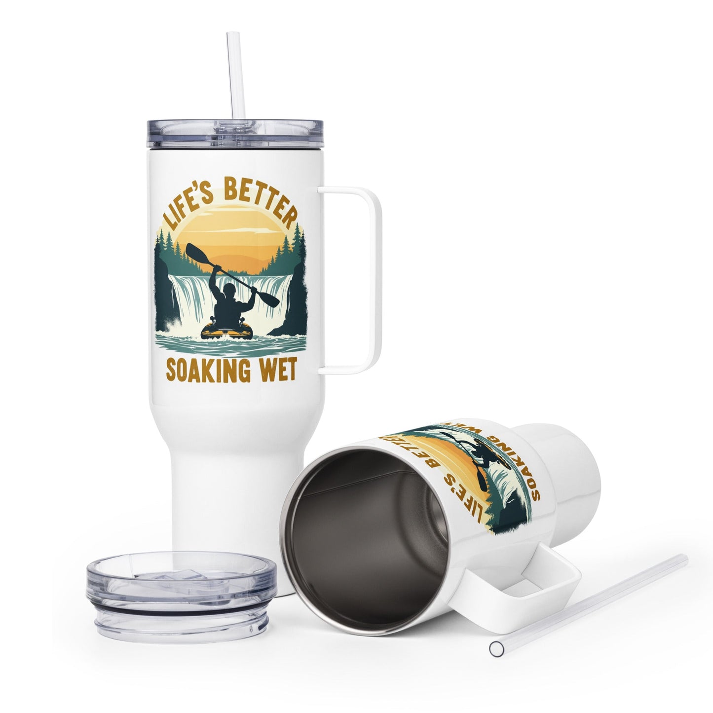 Kayaking "Life's Better Soaking Wet" Travel Mug With Handle (25 oz and 40 oz) - Travel Mug - Discovery Co.
