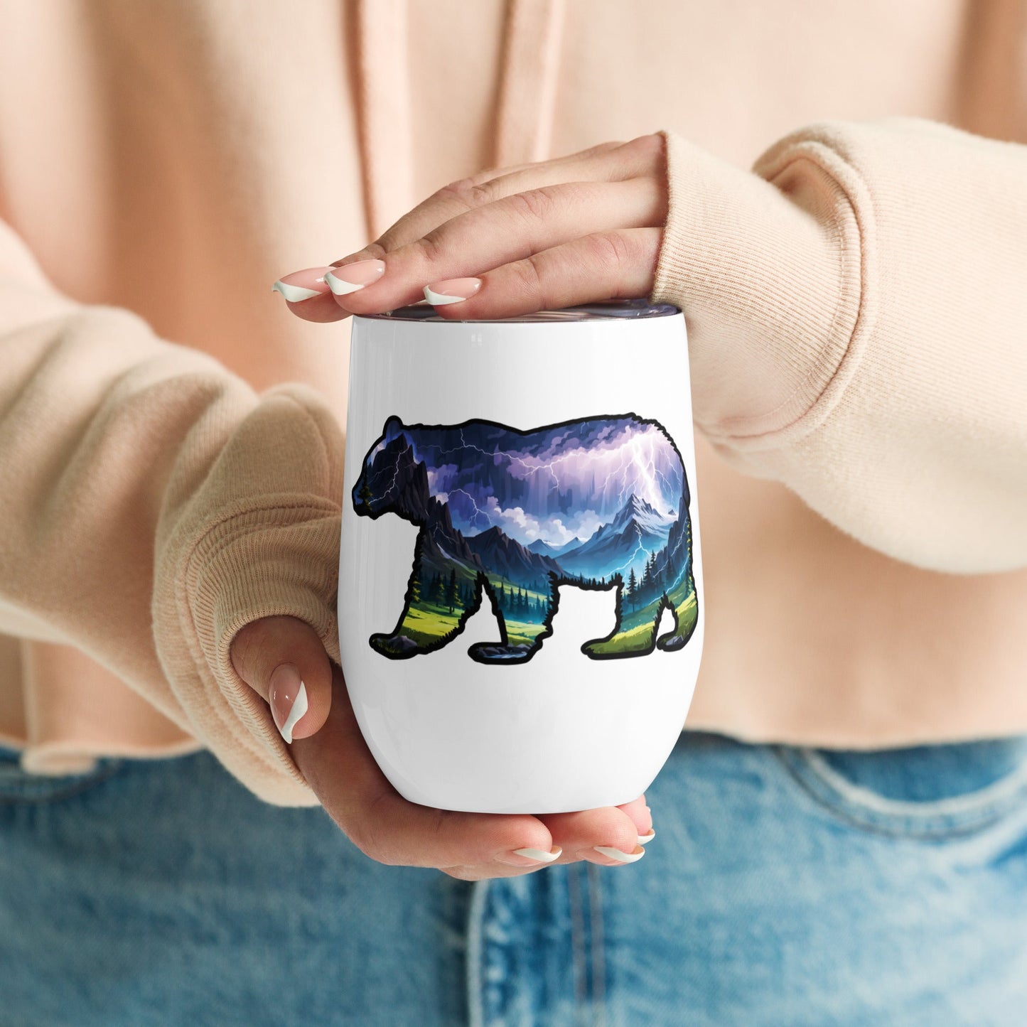 Lightning In The Mountains Bear Stainless Steel Wine Tumbler - Steel Tumbler - Discovery Co.