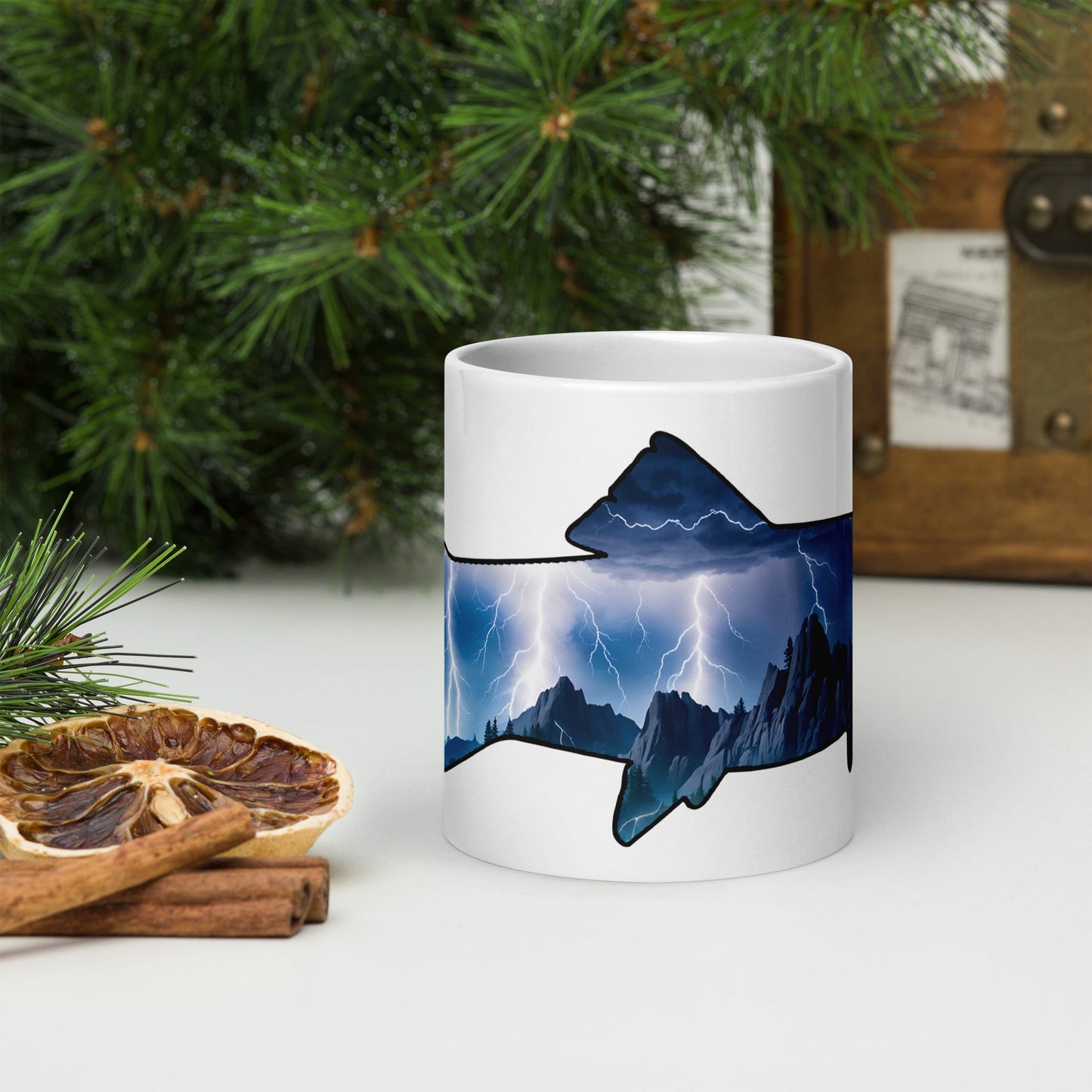 Lightning Over Mountains Fish White Glossy Mug (11 oz, 15 oz, 20 oz) - Mugs - Discovery Co.