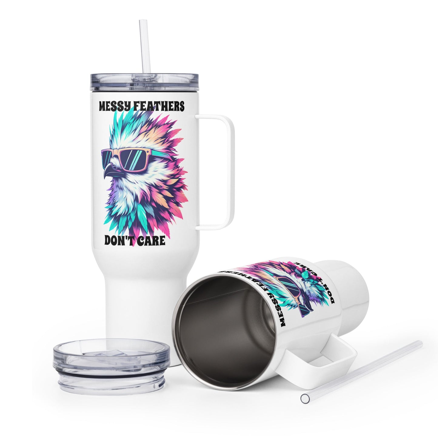 Messy Feathers Don't Care Travel Mug With Handle (25 oz and 40 oz) - Travel Mug - Discovery Co.