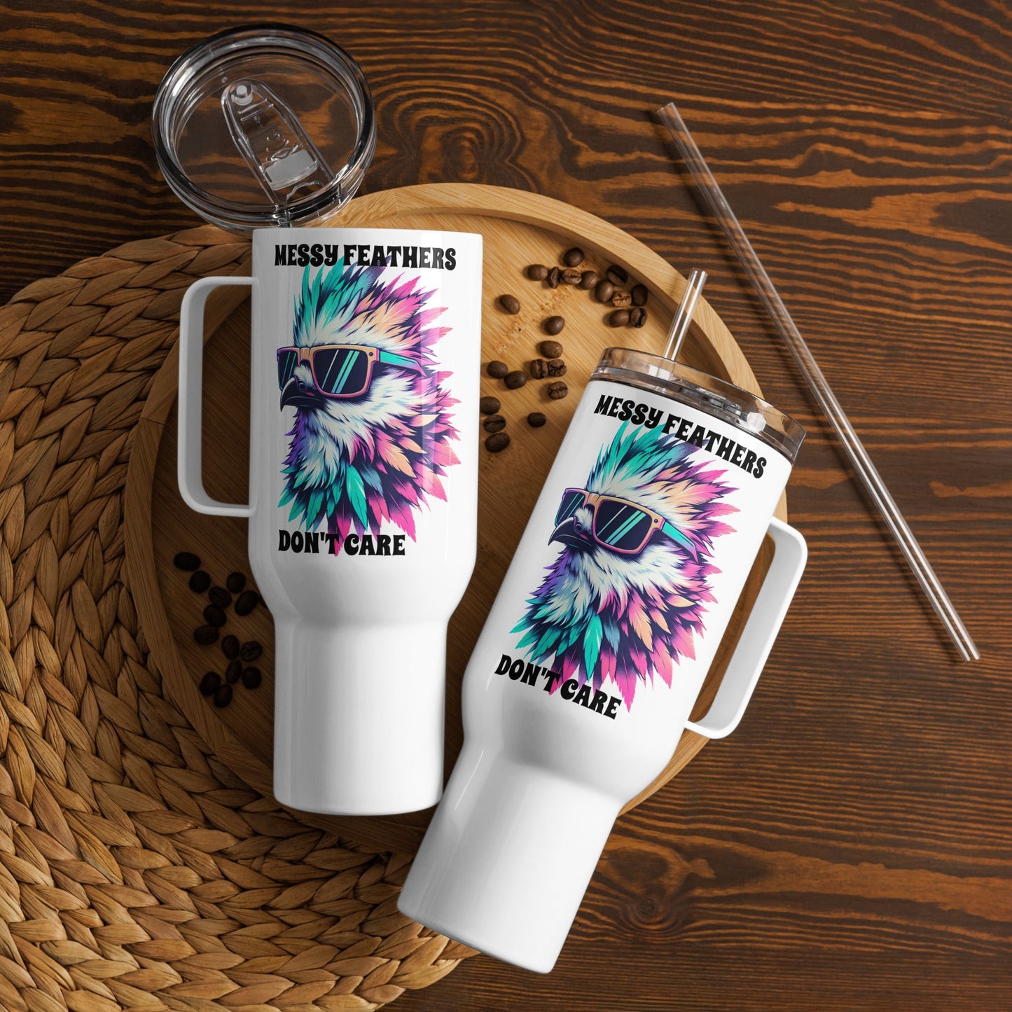 Messy Feathers Don't Care Travel Mug With Handle (25 oz and 40 oz) - Travel Mug - Discovery Co.