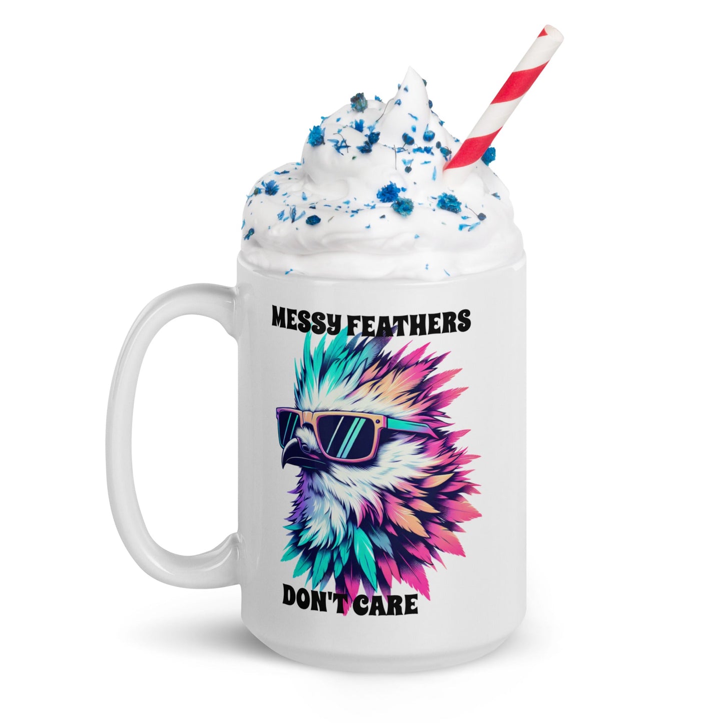 Messy Feathers Don't Care White Glossy Mug (11 oz, 15 oz, 20 oz) - Mugs - Discovery Co.