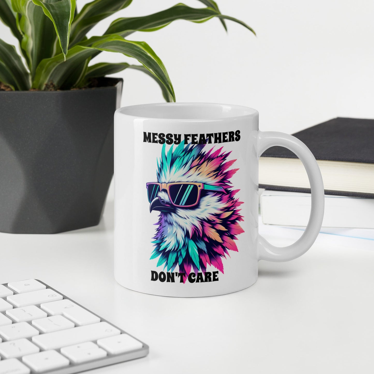 Messy Feathers Don't Care White Glossy Mug (11 oz, 15 oz, 20 oz) - Mugs - Discovery Co.