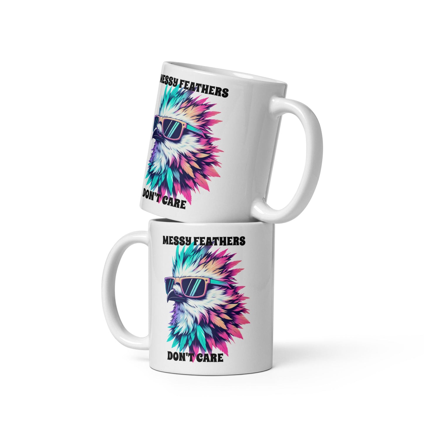 Messy Feathers Don't Care White Glossy Mug (11 oz, 15 oz, 20 oz) - Mugs - Discovery Co.
