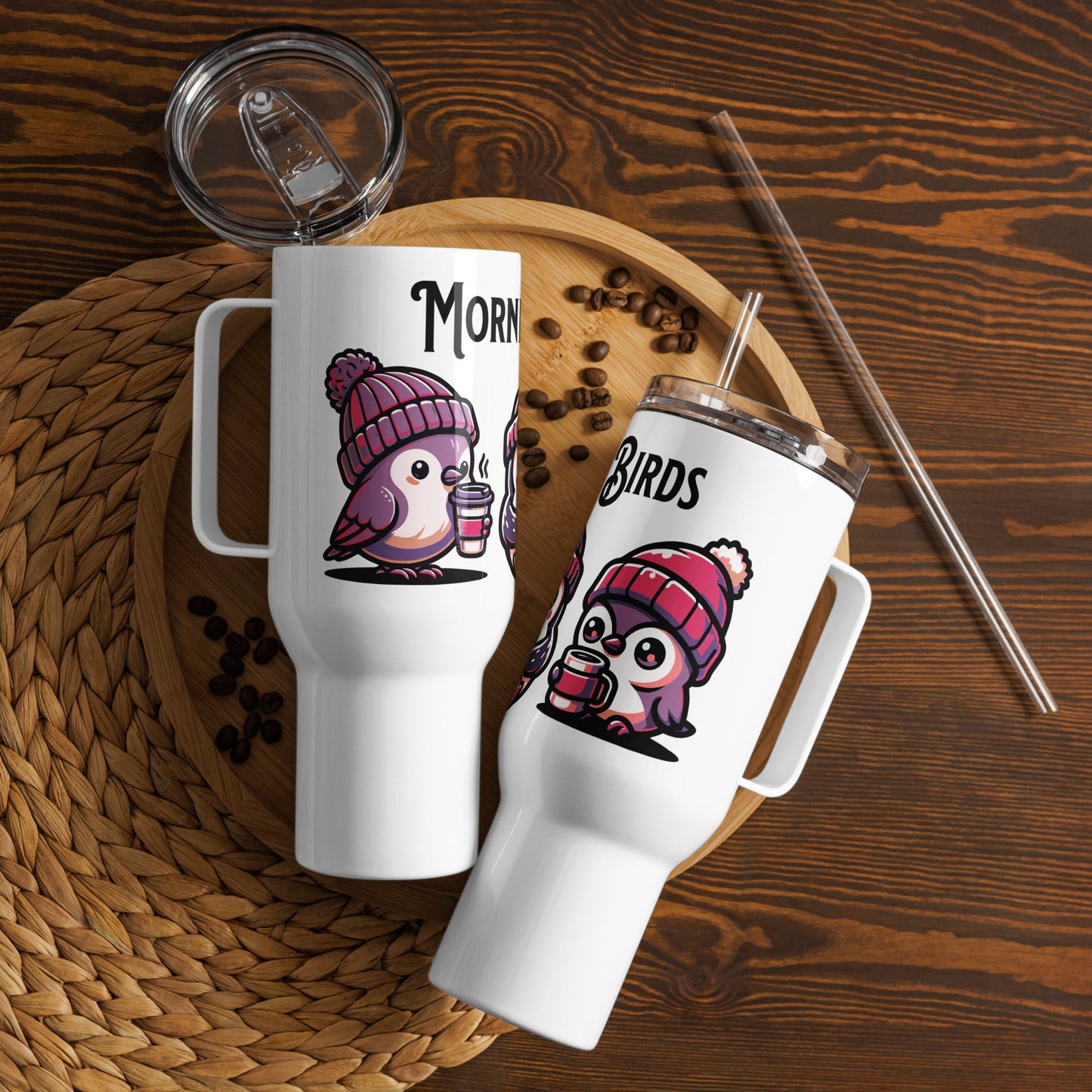 Morning Birds (Purple) Travel Mug With Handle (25 oz and 40 oz) - Travel Mug - Discovery Co.