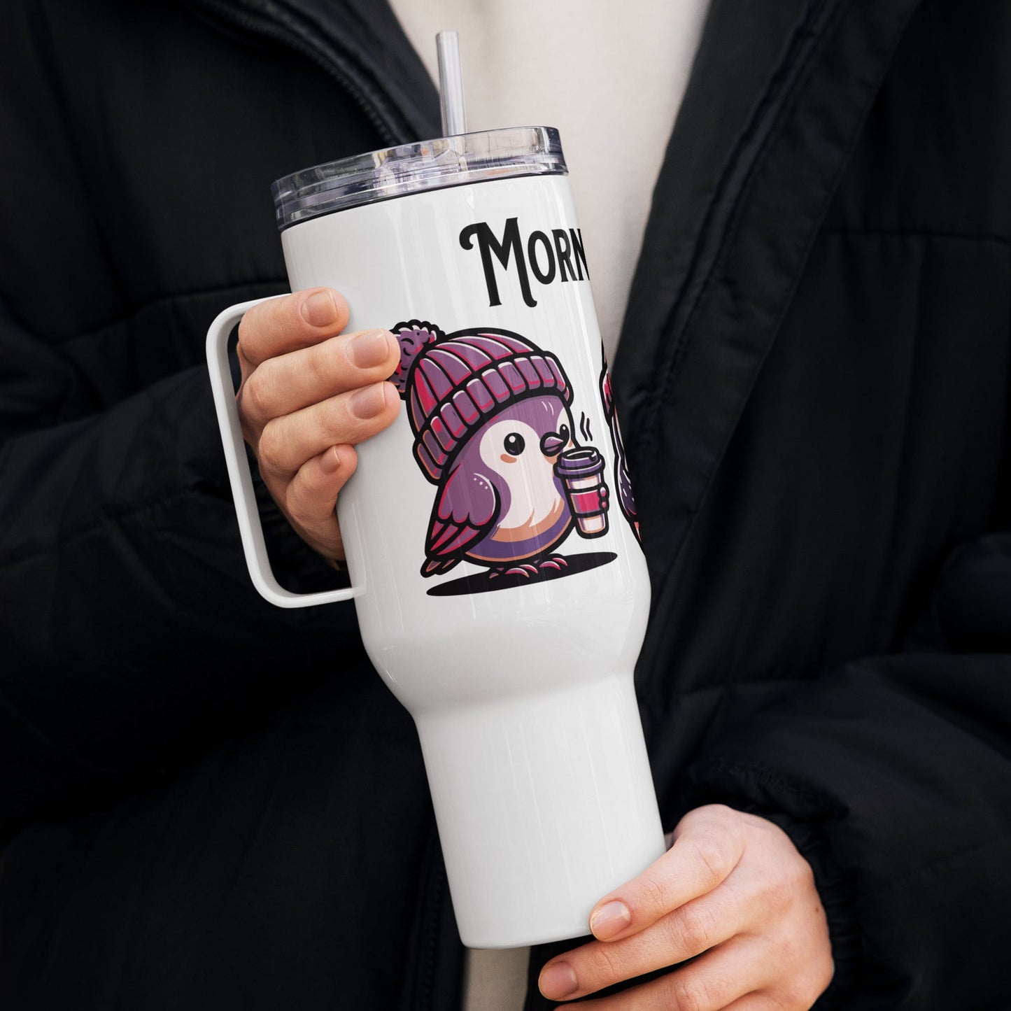 Morning Birds (Purple) Travel Mug With Handle (25 oz and 40 oz) - Travel Mug - Discovery Co.