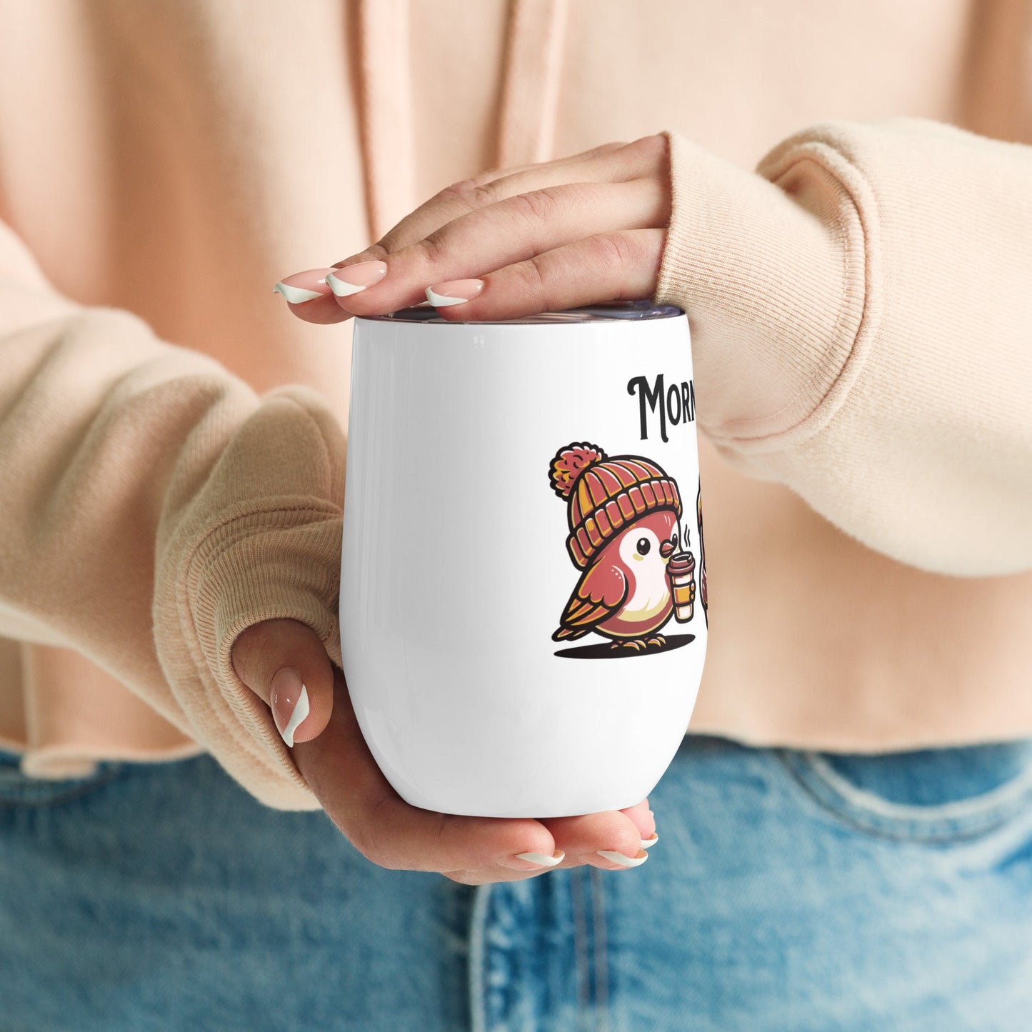 Morning Birds (Tan) Stainless Steel Wine Tumbler - Steel Tumbler - Discovery Co.