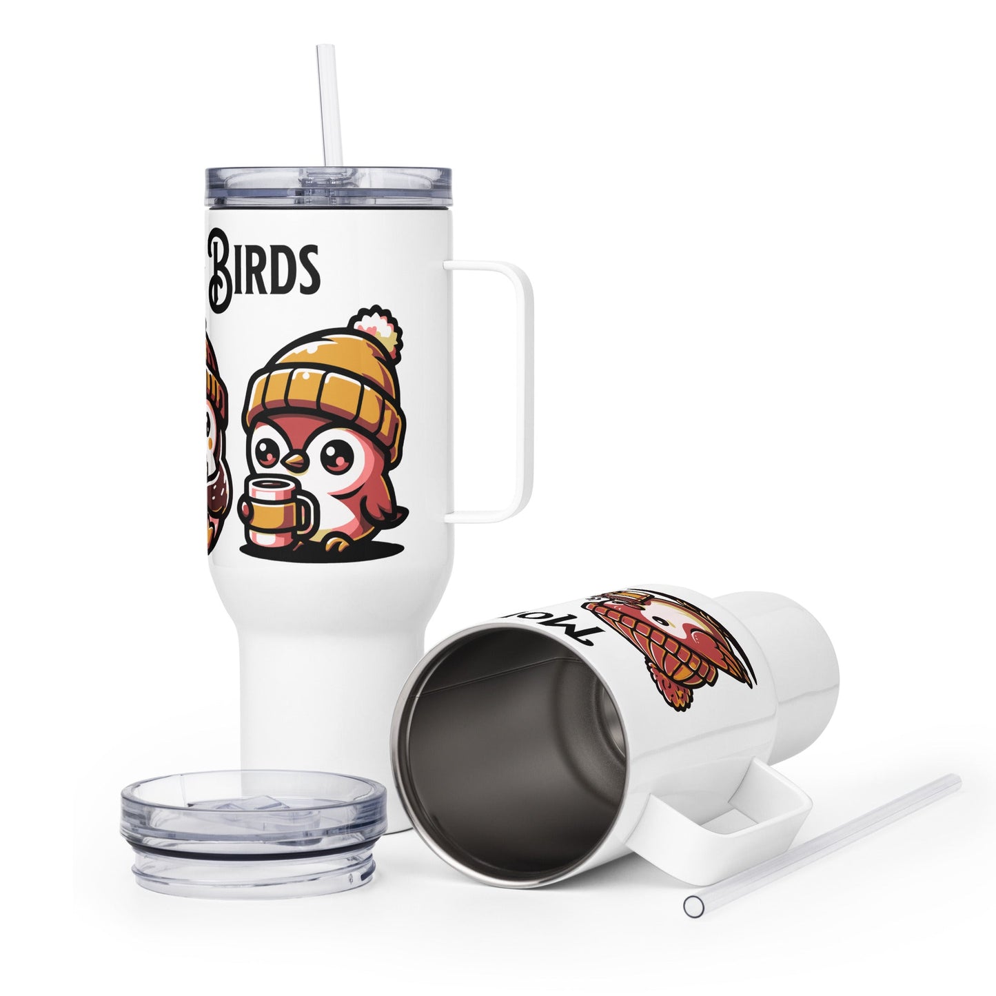 Morning Birds (Tan) Travel Mug With Handle (25 oz and 40 oz) - Travel Mug - Discovery Co.