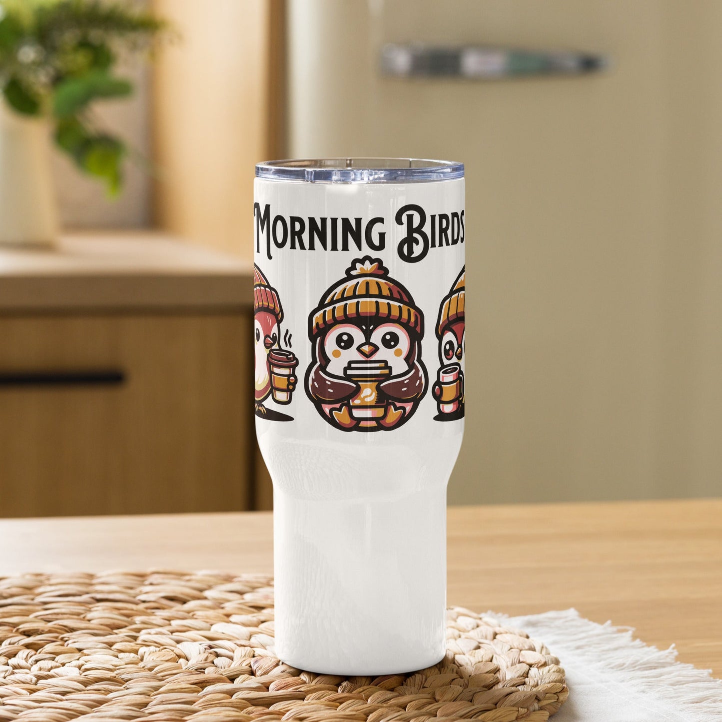 Morning Birds (Tan) Travel Mug With Handle (25 oz and 40 oz) - Travel Mug - Discovery Co.