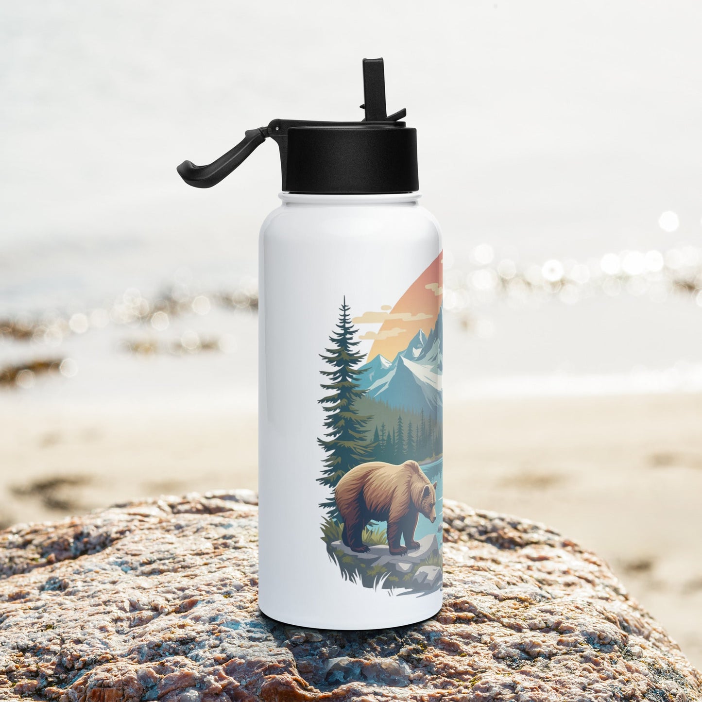 Mountain Bear Stainless Steel Water Bottle With Straw Lid - Stainless Steel Water Bottle With Straw Lid - Discovery Co.