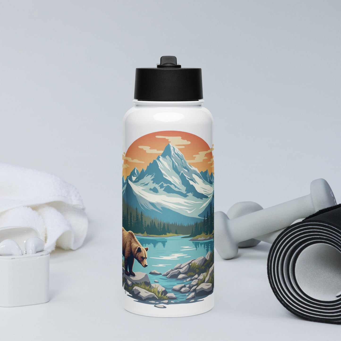 Mountain Bear Stainless Steel Water Bottle With Straw Lid - Stainless Steel Water Bottle With Straw Lid - Discovery Co.