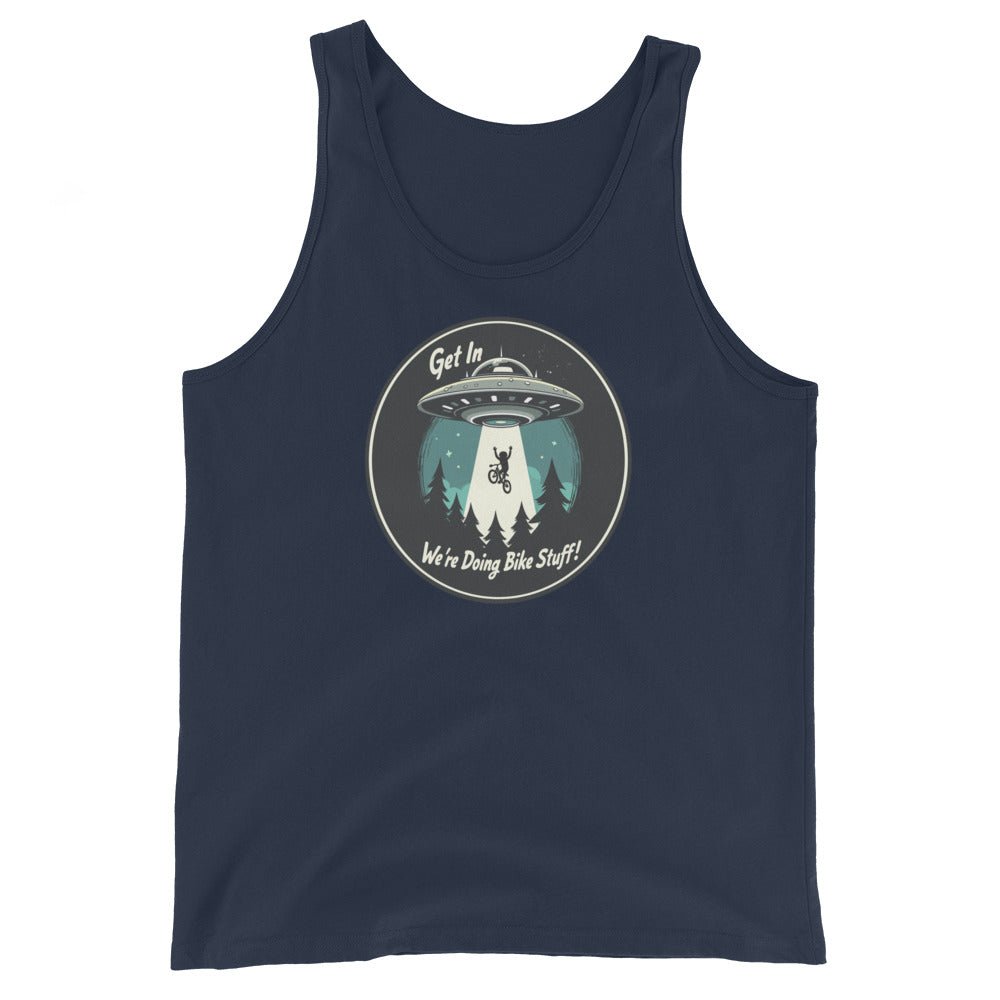 Mountain Biker - UFO Abduction "Get In - We're Doing Bike Stuff!" Men's Tank Top - Men's Shirts - Discovery Co.
