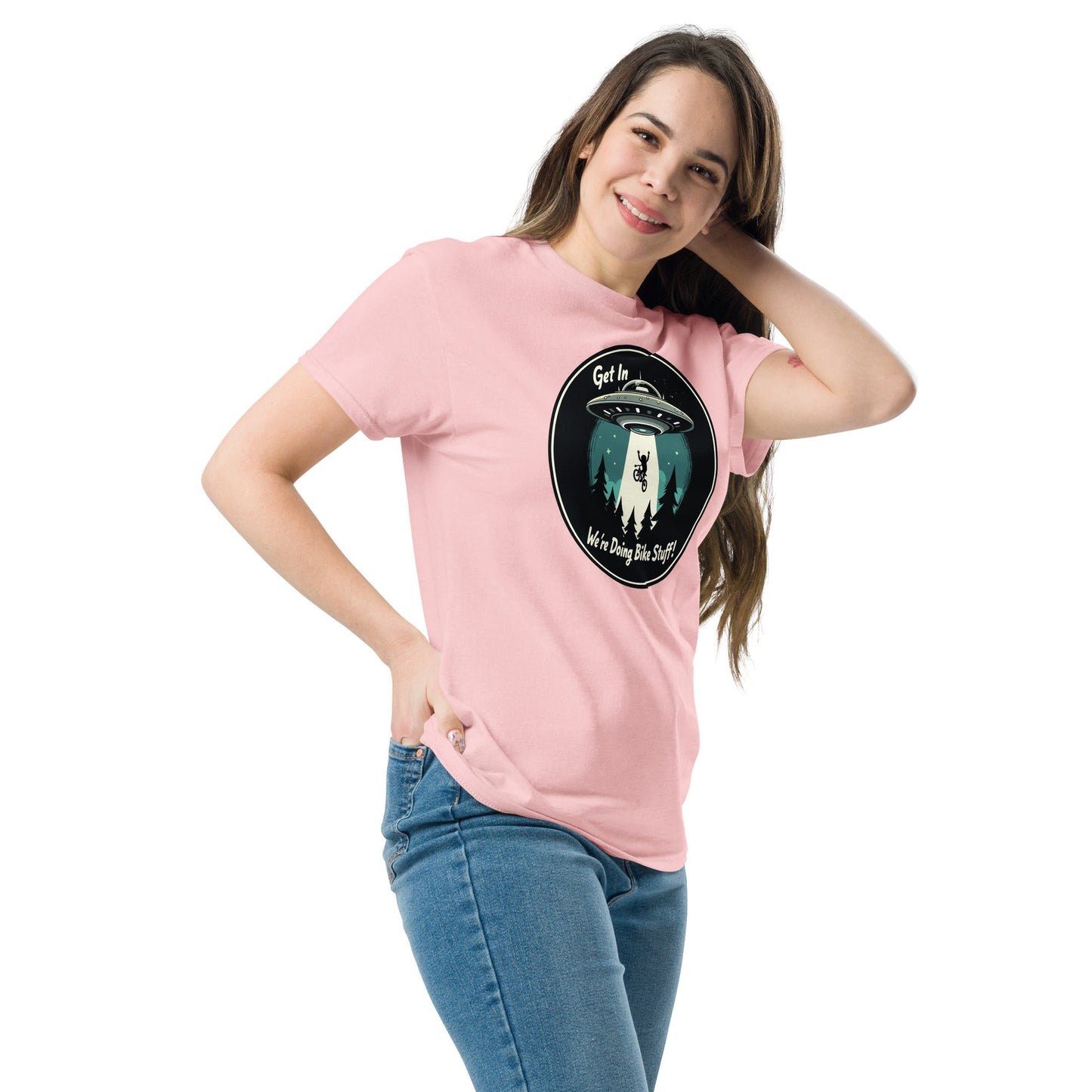 Mountain Biker - UFO Abduction "Get In - We're Doing Bike Stuff!" Women's (Unisex) Classic Tee - Women's Shirts - Discovery Co.