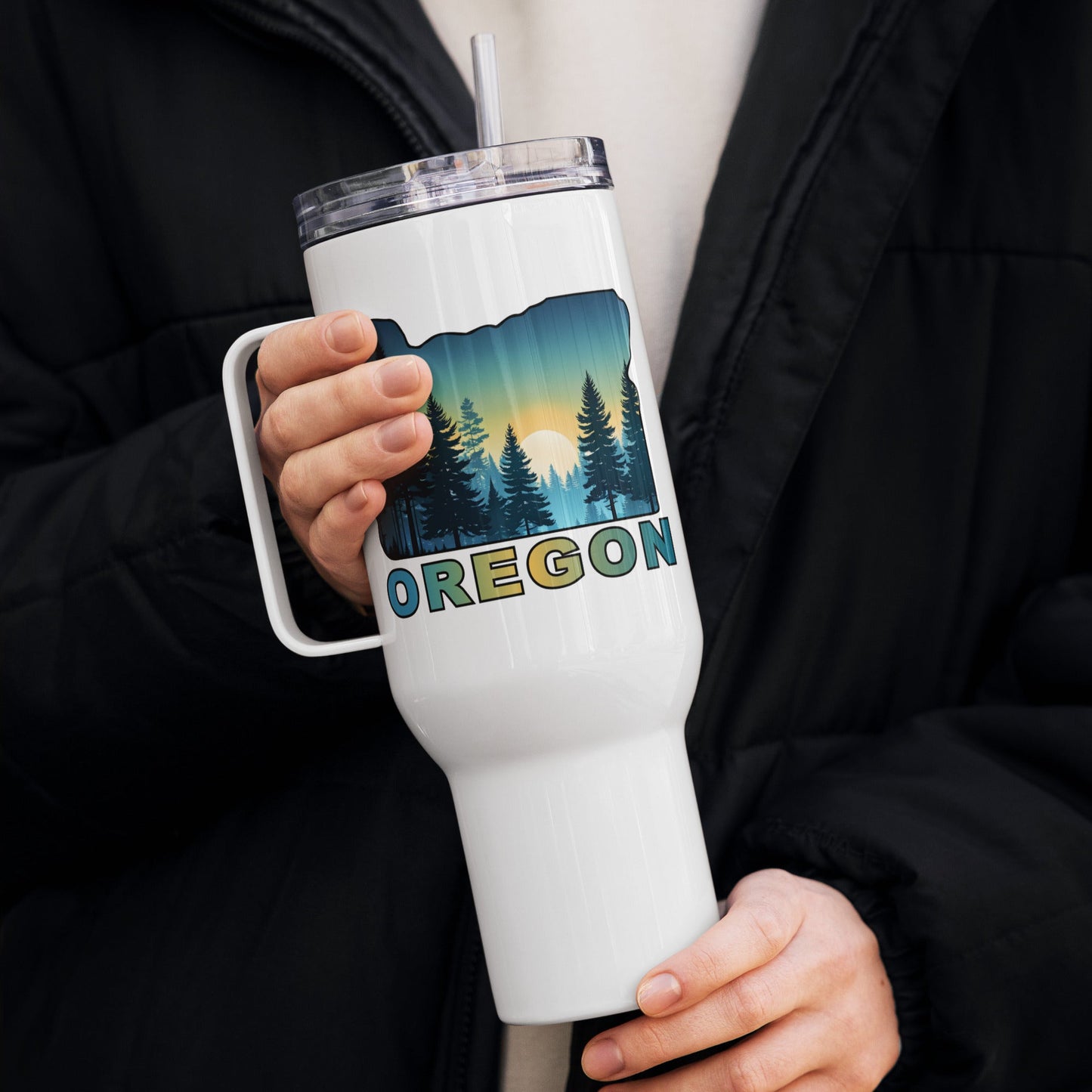 Oregon Sunset Forest II Travel Mug With Handle (25 oz and 40 oz) - Travel Mug - Discovery Co.