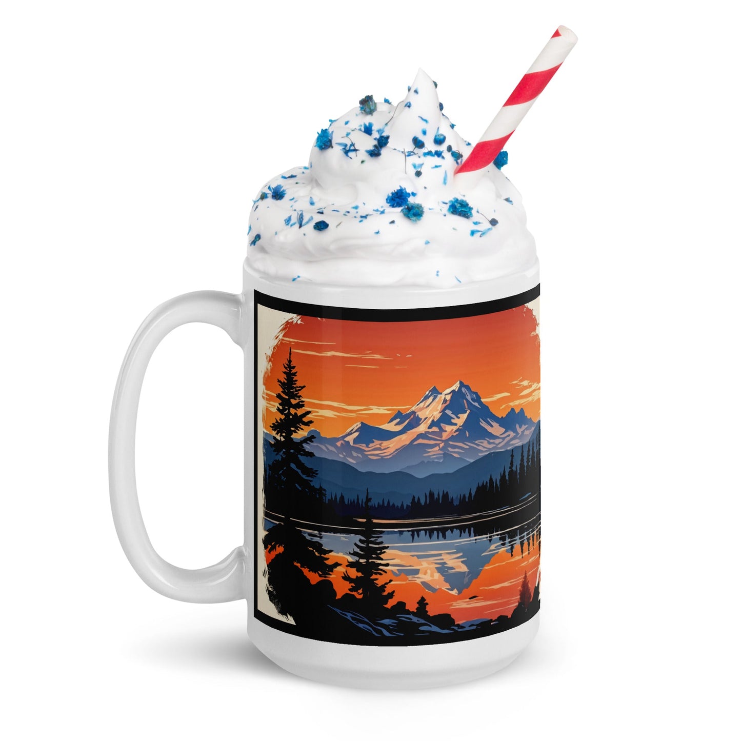Outlined Orange Sky Over Mountains White Glossy Mug (11 oz, 15 oz, 20 oz) - Mugs - Discovery Co.