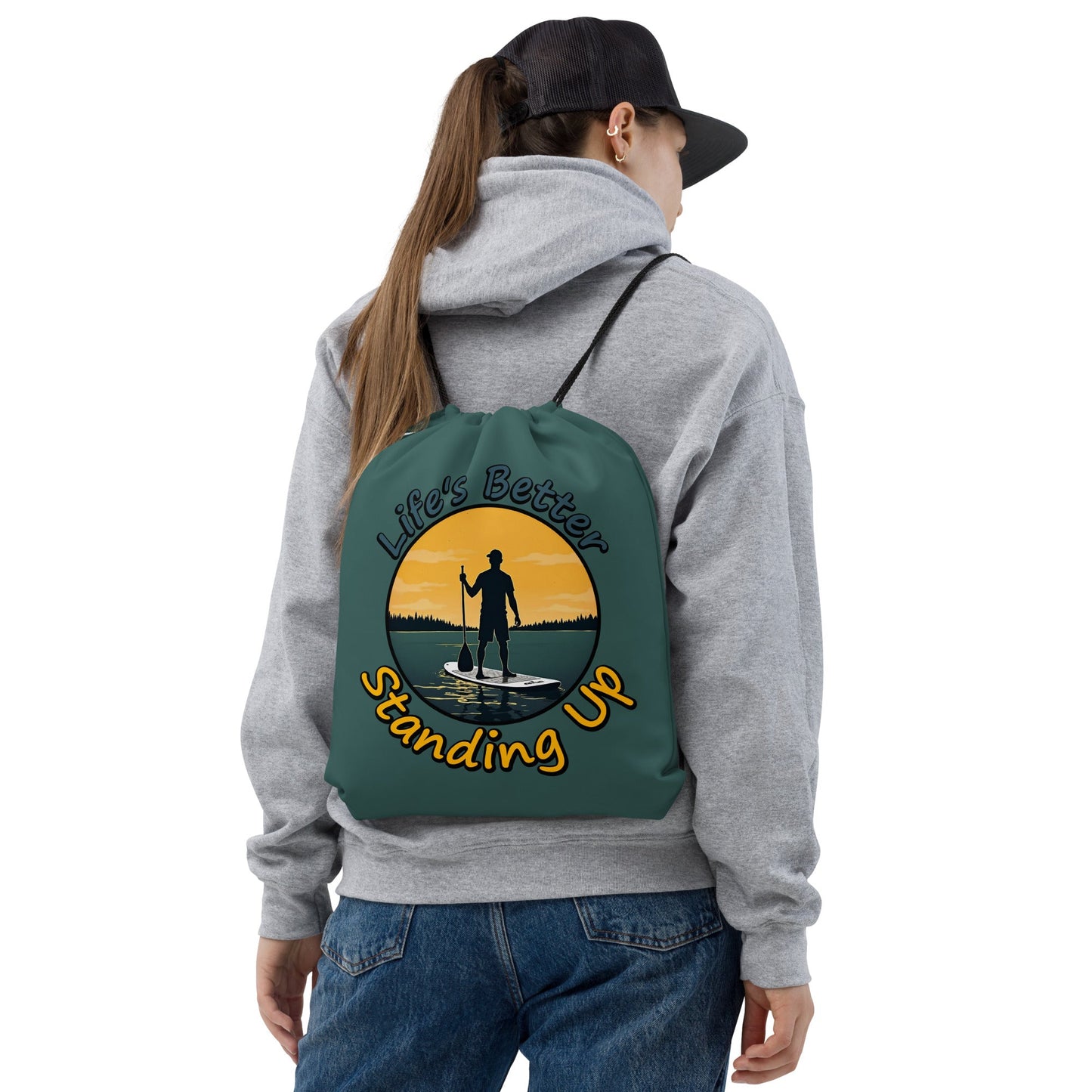 Paddle Boarding "Life's Better Standing Up" Drawstring Bag - Drawstring Bag - Discovery Co.