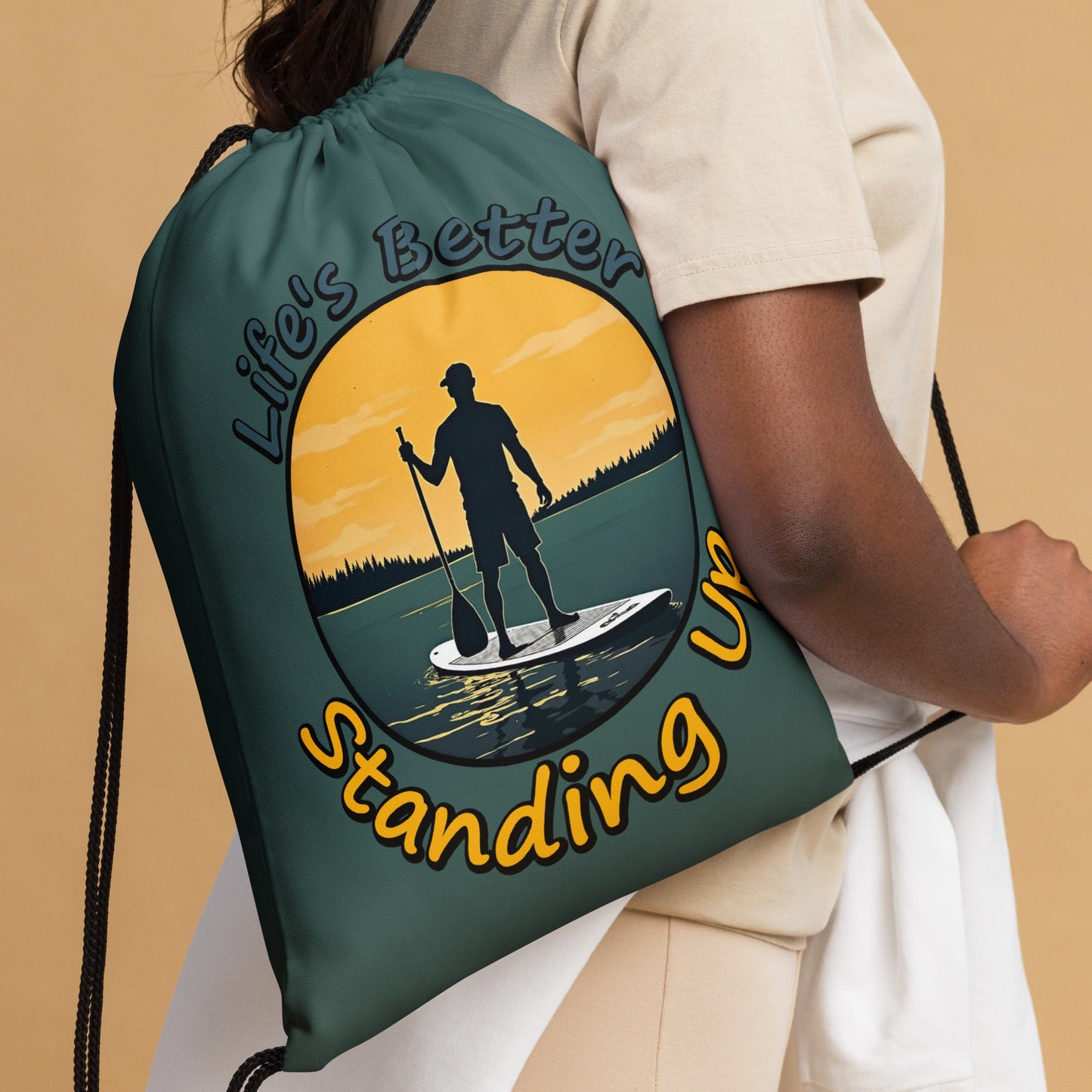 Paddle Boarding "Life's Better Standing Up" Drawstring Bag - Drawstring Bag - Discovery Co.
