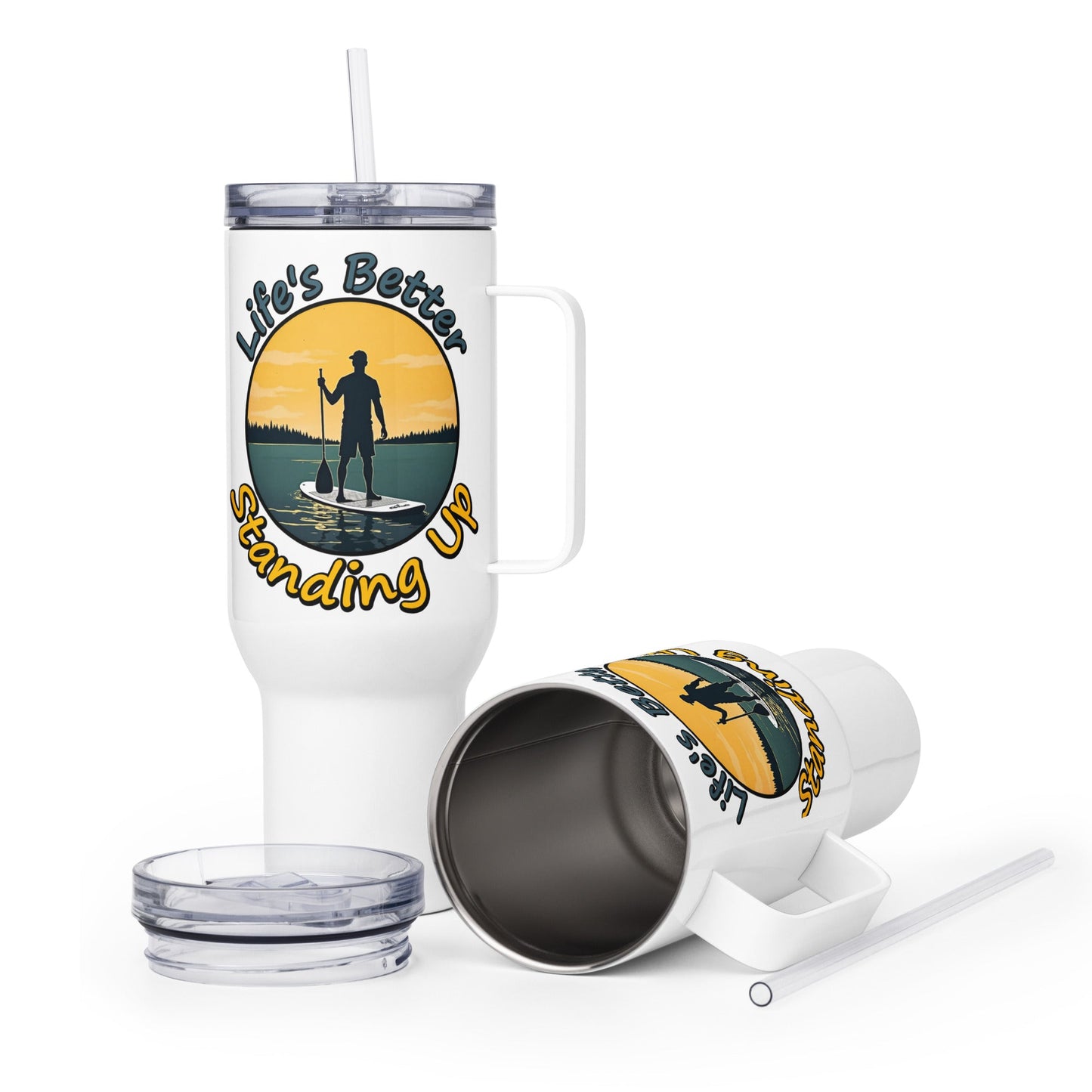 Paddle Boarding "Life's Better Standing Up" Travel Mug With Handle (25 oz and 40 oz) - Travel Mug - Discovery Co.