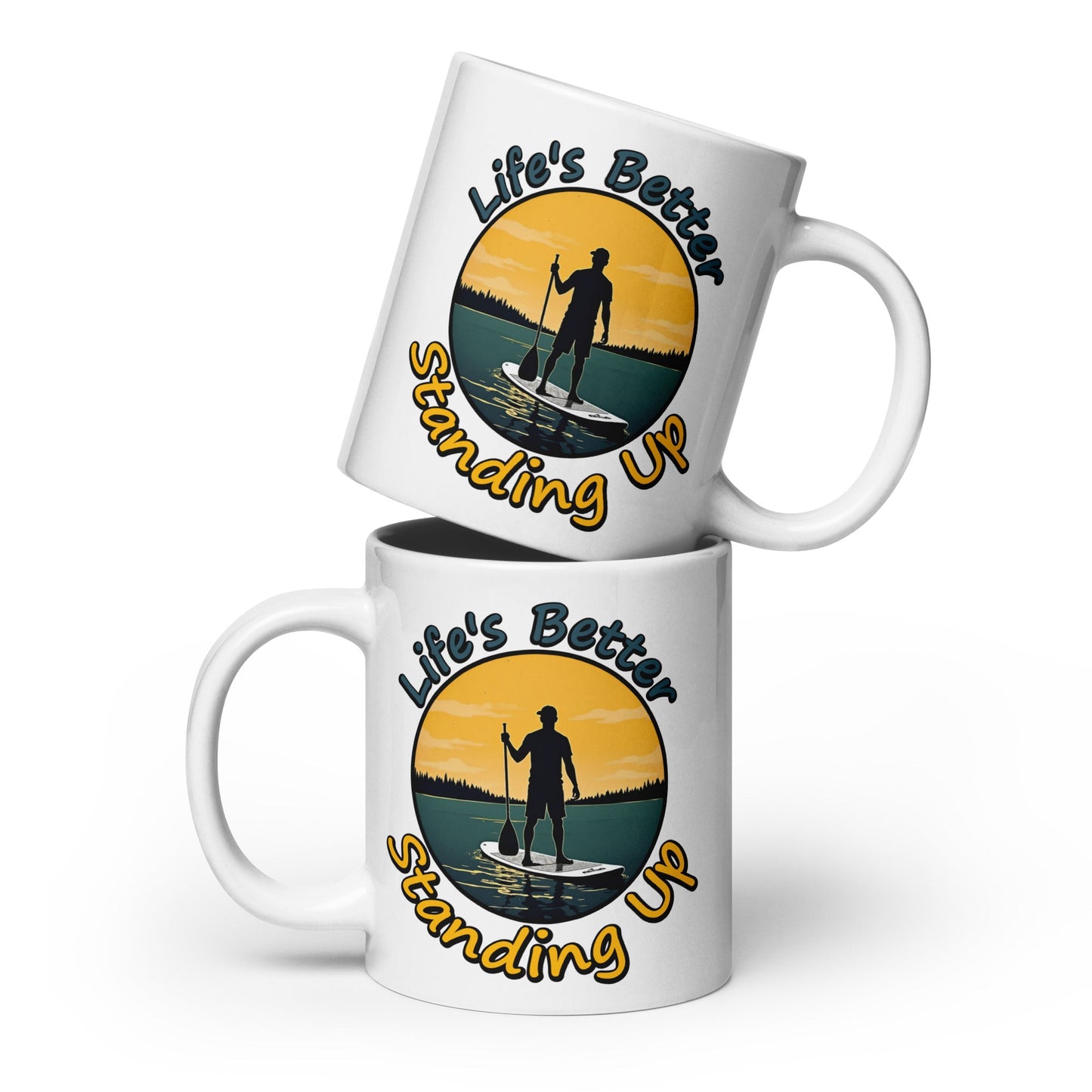 Paddle Boarding "Life's Better Standing Up" White Glossy Mug (11 oz, 15 oz, 20 oz) - Mugs - Discovery Co.