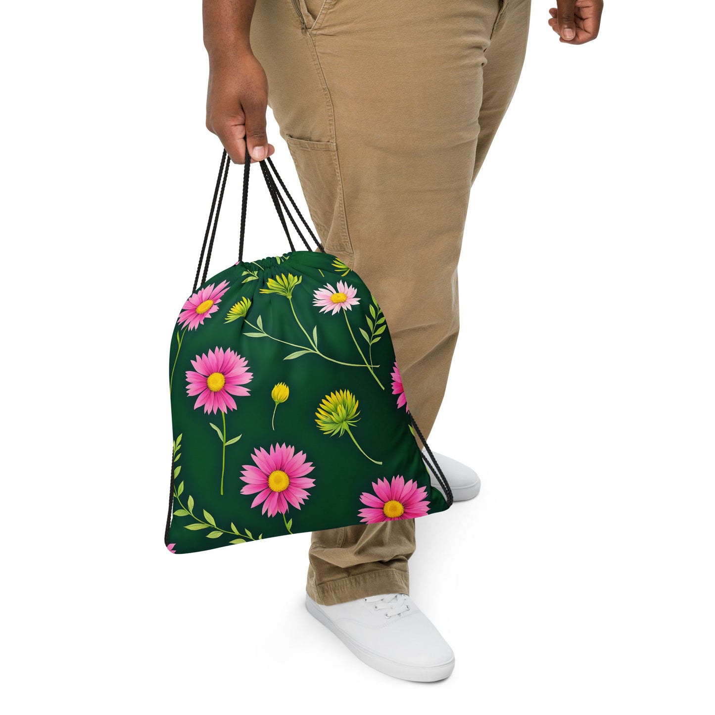 Pink And Green Flowers Drawstring Bag - Drawstring Bag - Discovery Co.