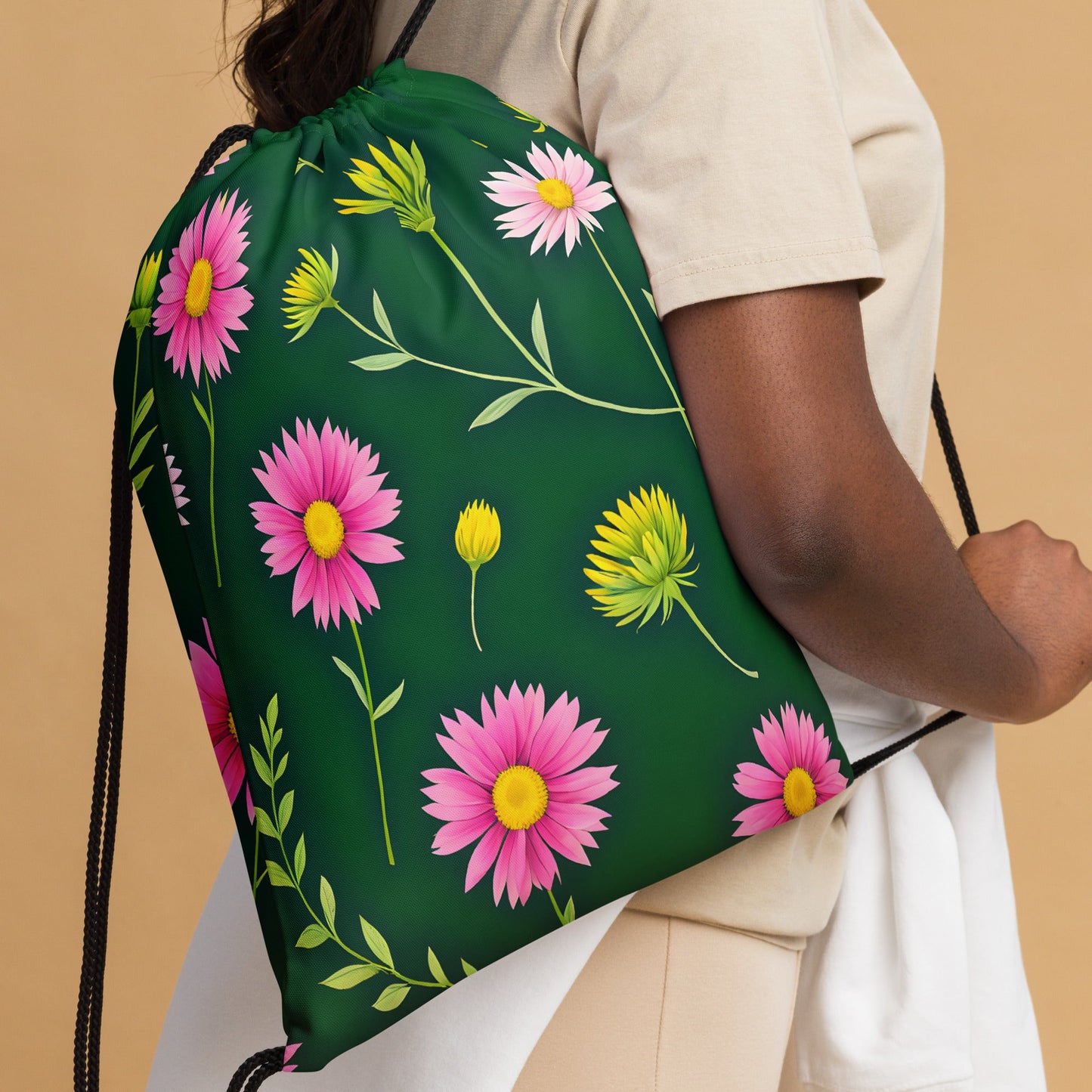 Pink And Green Flowers Drawstring Bag - Drawstring Bag - Discovery Co.