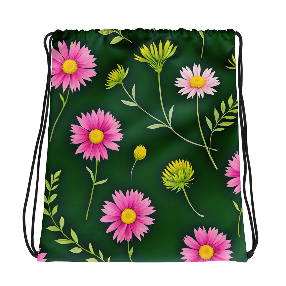 Pink And Green Flowers Drawstring Bag - Drawstring Bag - Discovery Co.