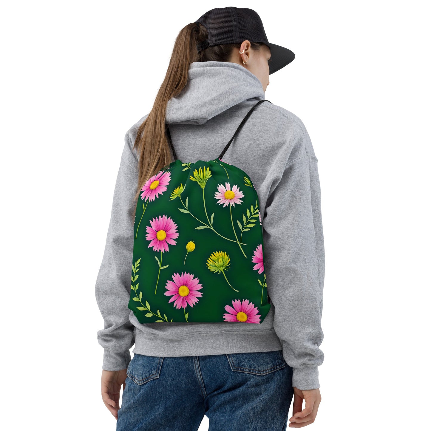 Pink And Green Flowers Drawstring Bag - Drawstring Bag - Discovery Co.