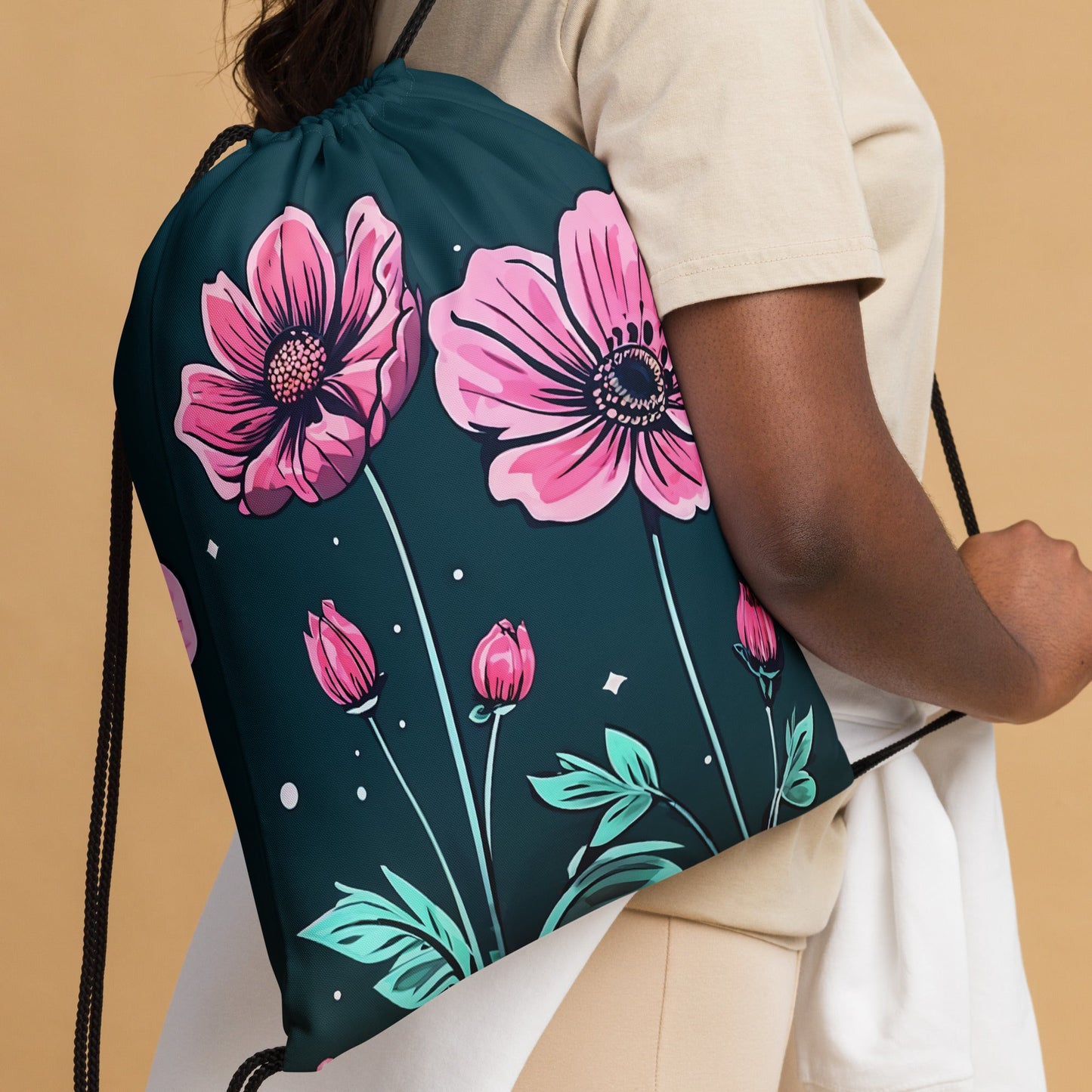 Pink Flowers Drawstring Bag - Drawstring Bag - Discovery Co.