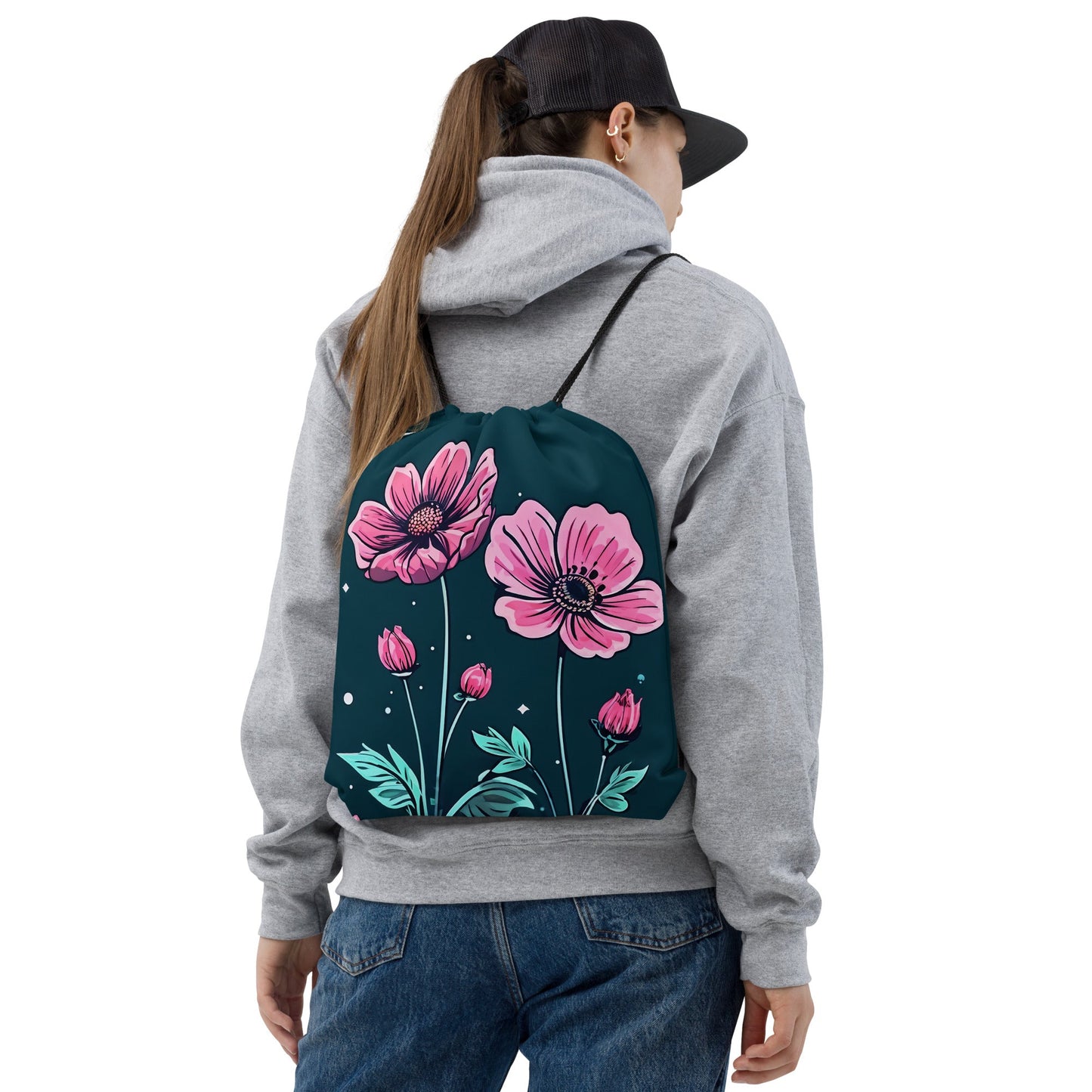 Pink Flowers Drawstring Bag - Drawstring Bag - Discovery Co.